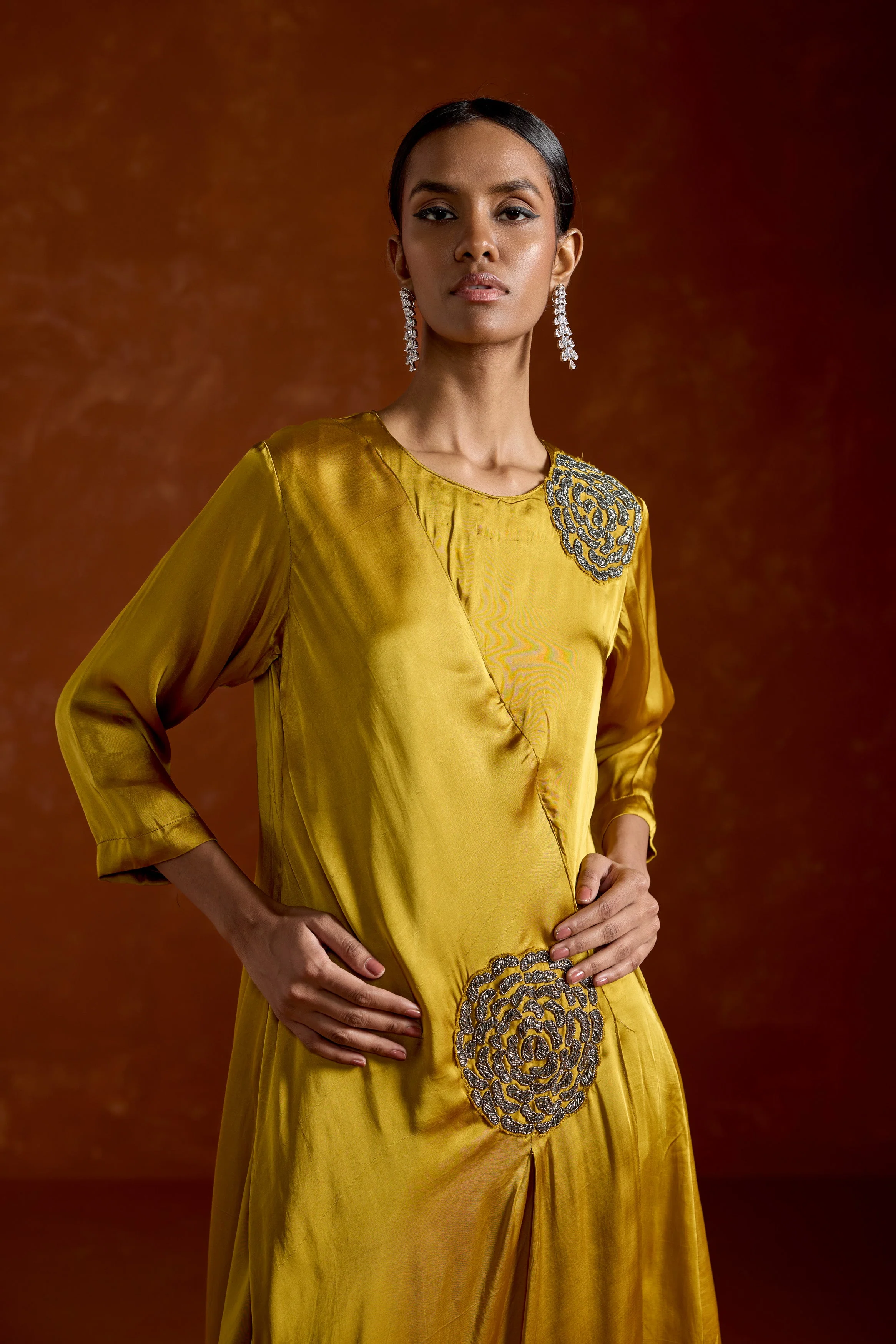 Mustard Yellow Embellished Satin Silk Gown - Image 4