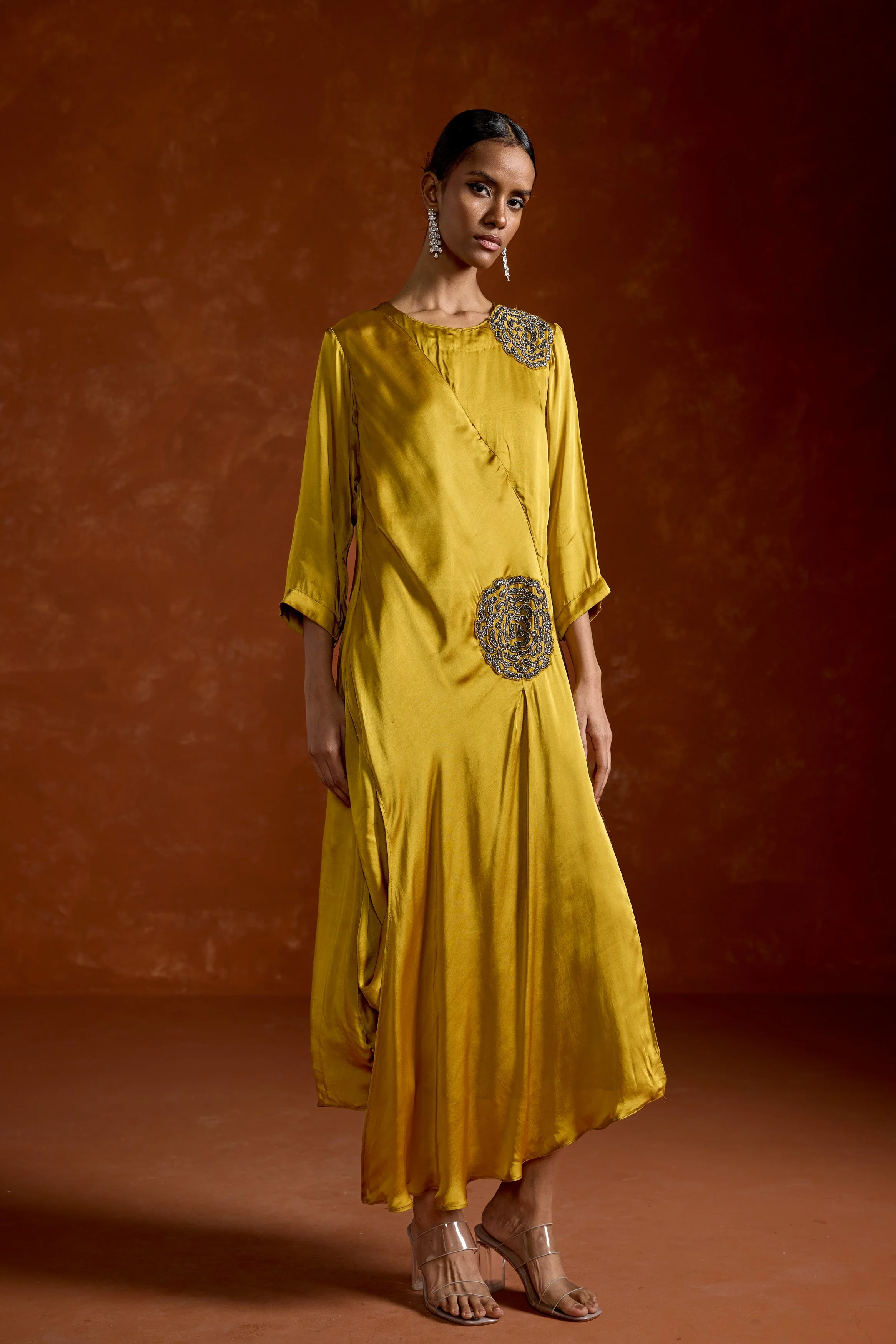 Mustard Yellow Embellished Satin Silk Gown - Image 5