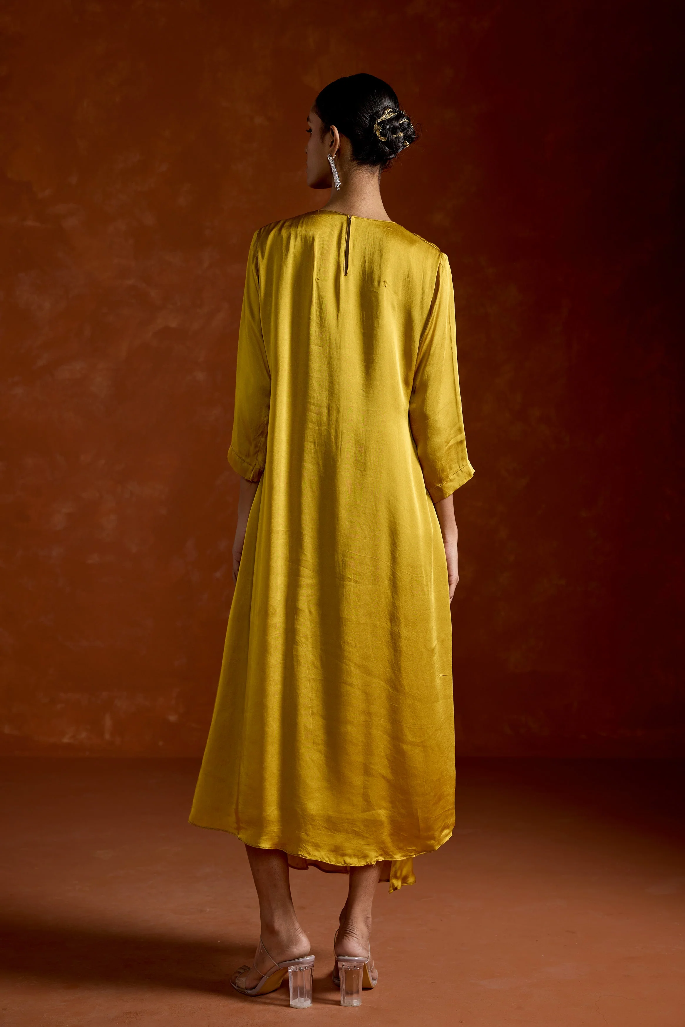 Mustard Yellow Embellished Satin Silk Gown - Image 6