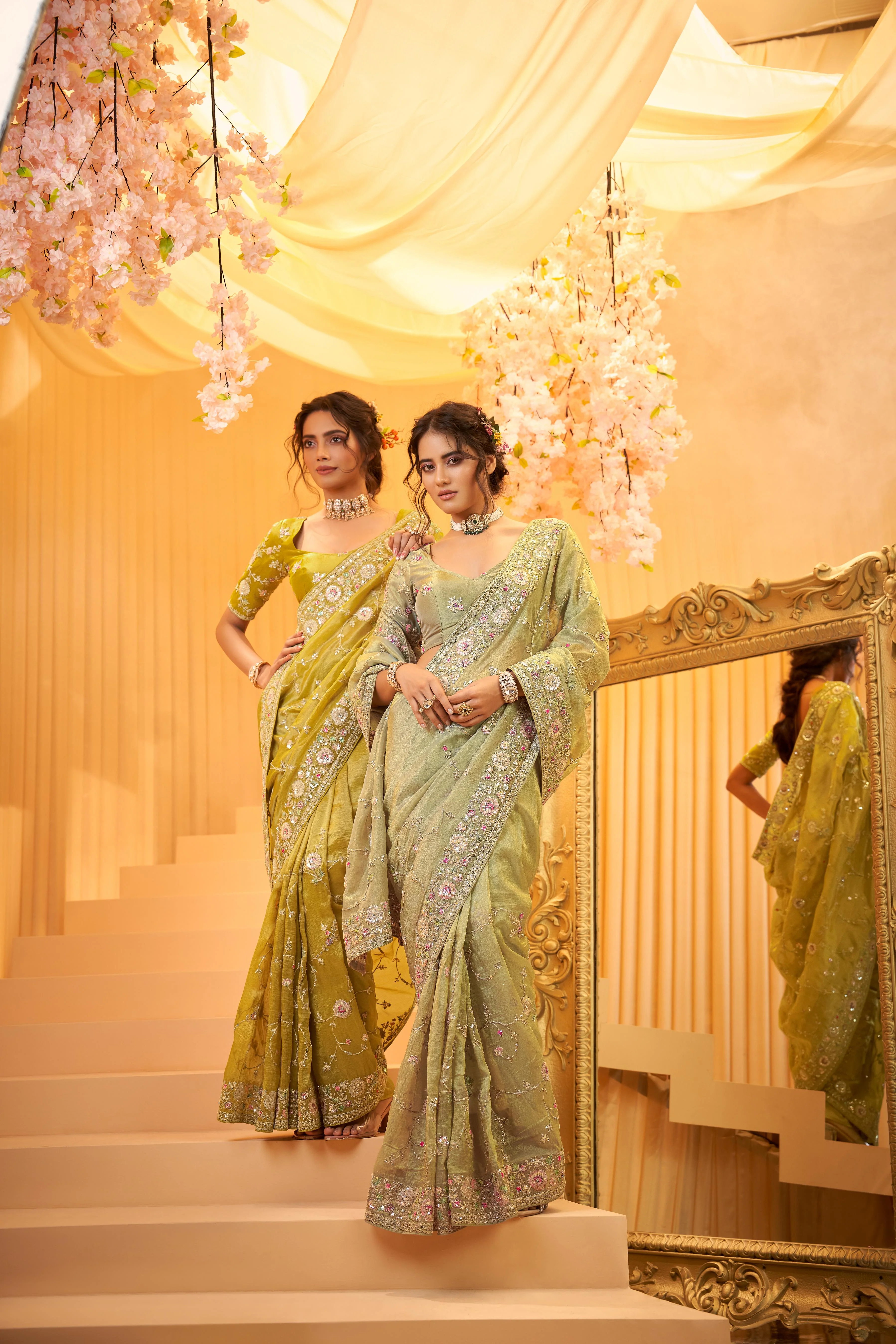 Mehndi Green Embellished Organza Tissue Silk Saree - Image 2