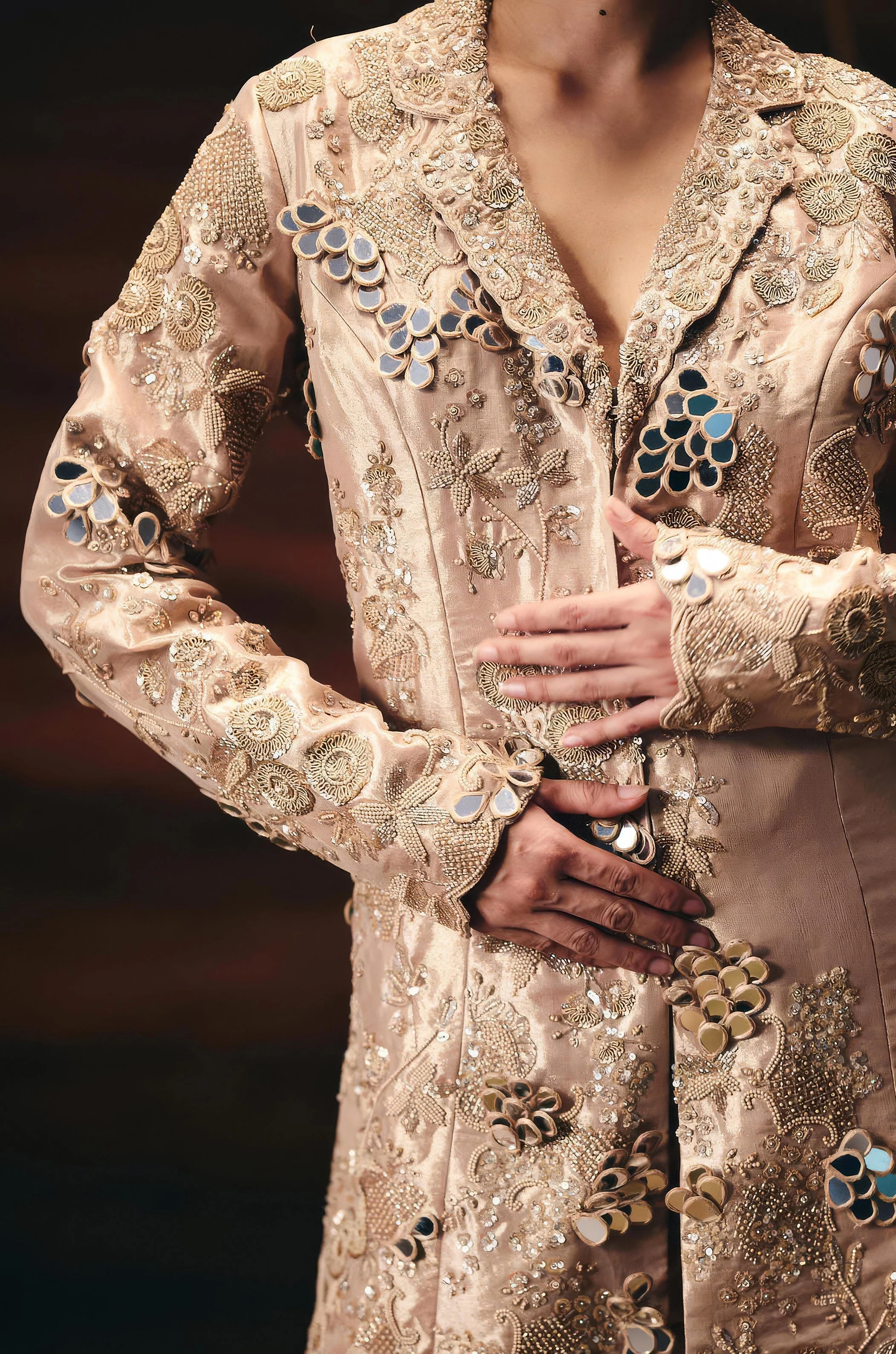 Dusty Beige Embellished Shimmer Tissue Silk Sharara Set - Image 2