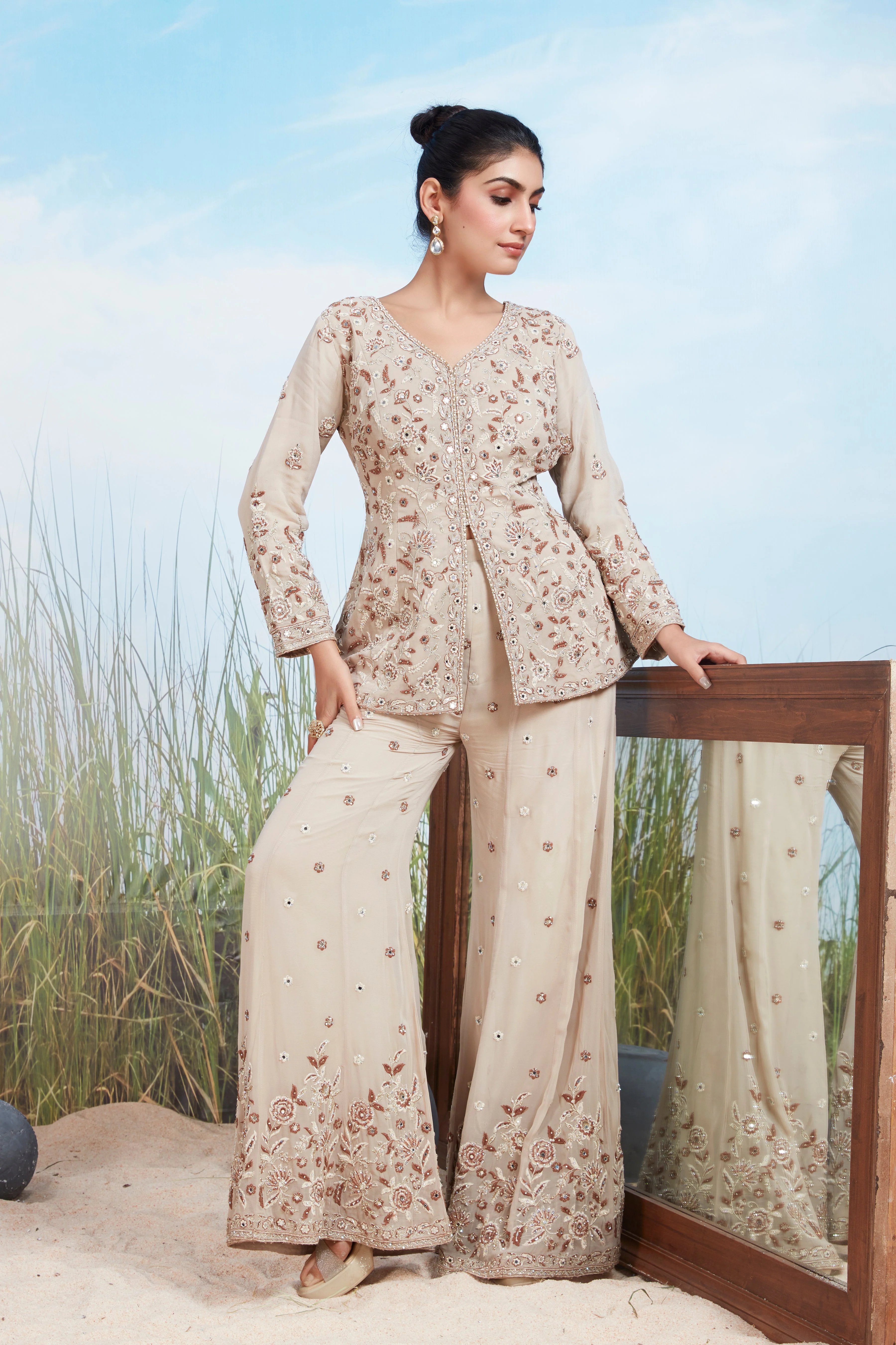 Dusty Beige Embroidered Georgette Silk Co-Ord Set - Image 2