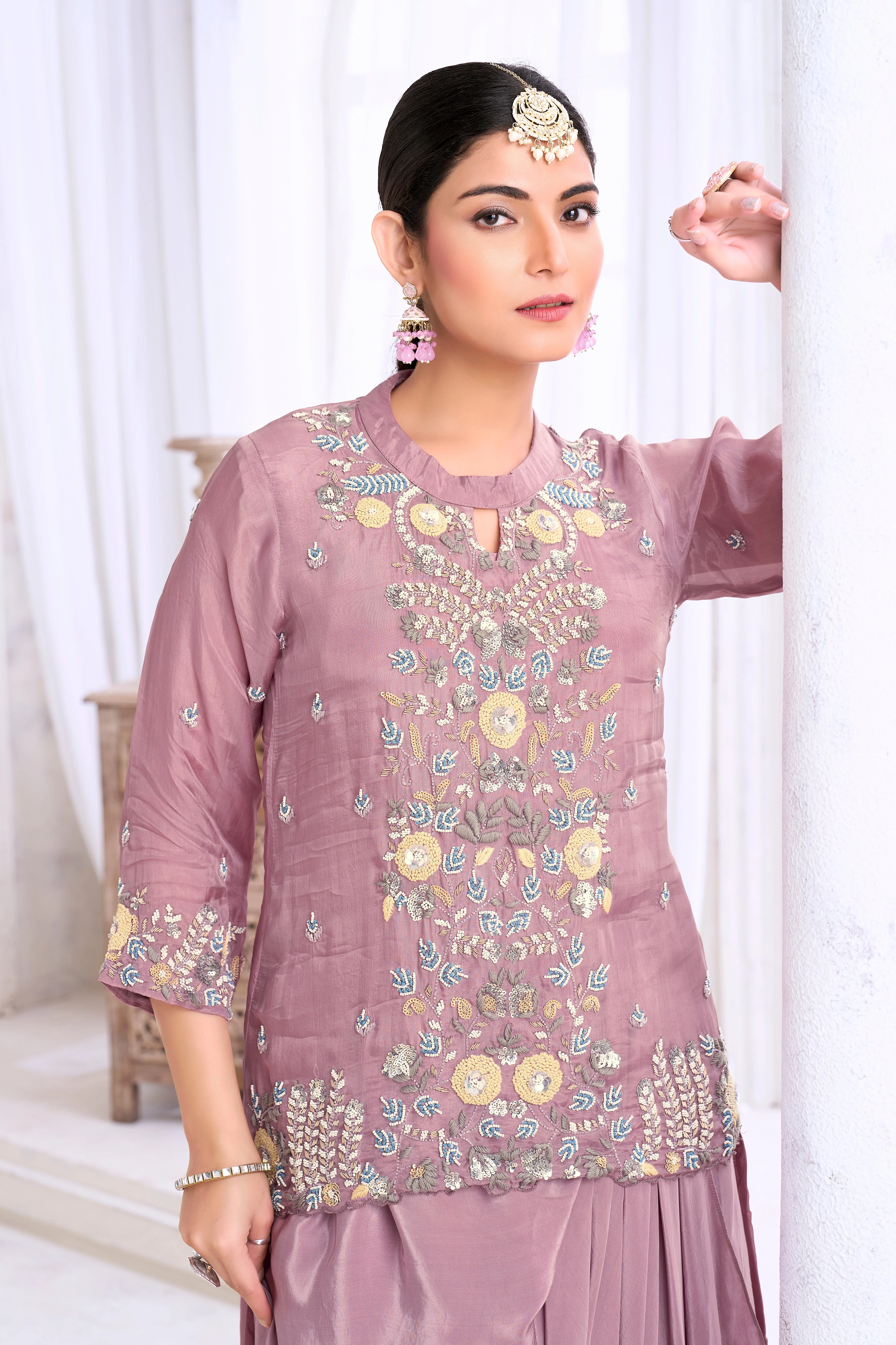 Smoky Lilac Embellished Crepe Silk Skirt Set - Image 2