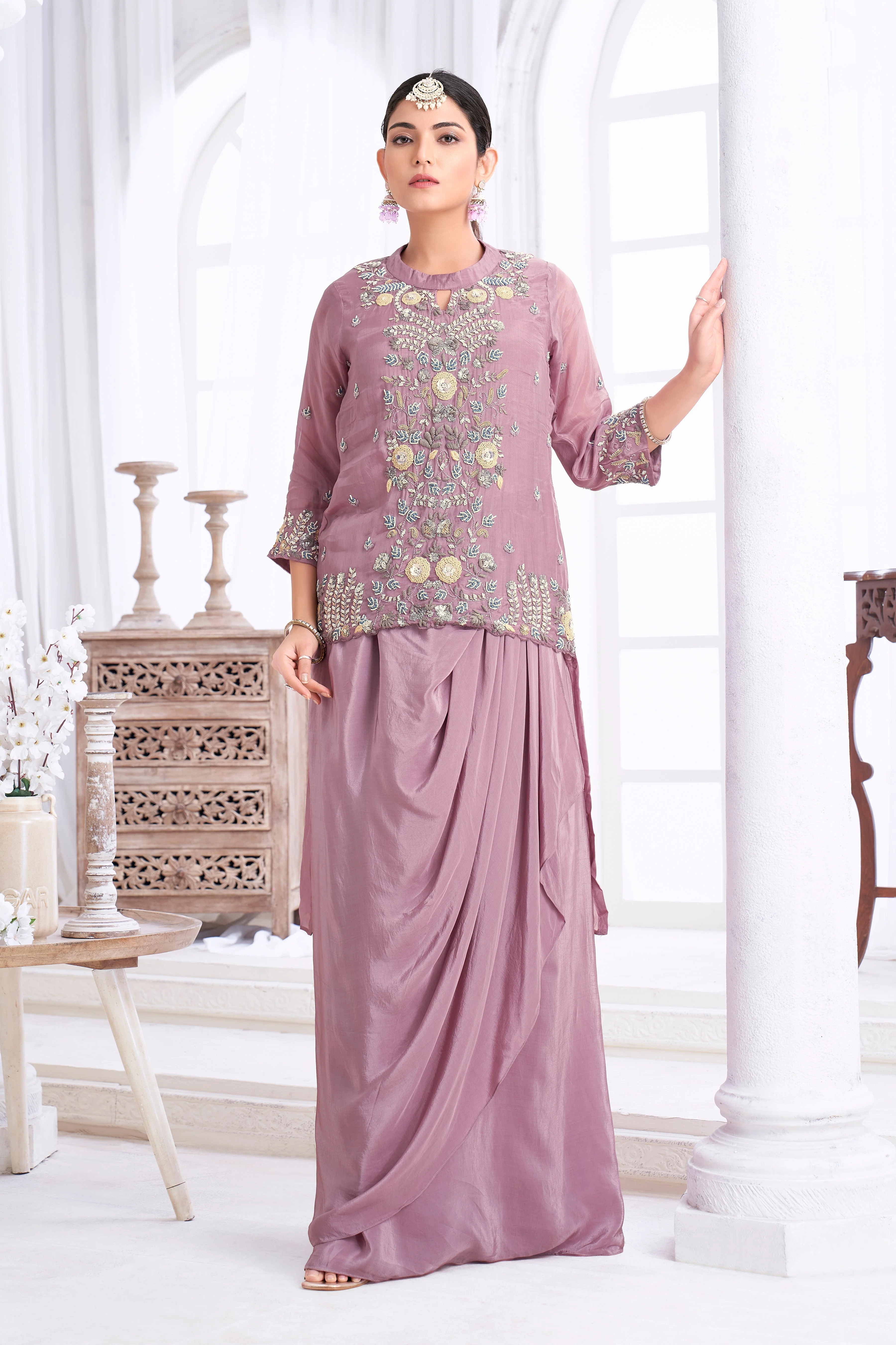 Smoky Lilac Embellished Crepe Silk Skirt Set - Image 3