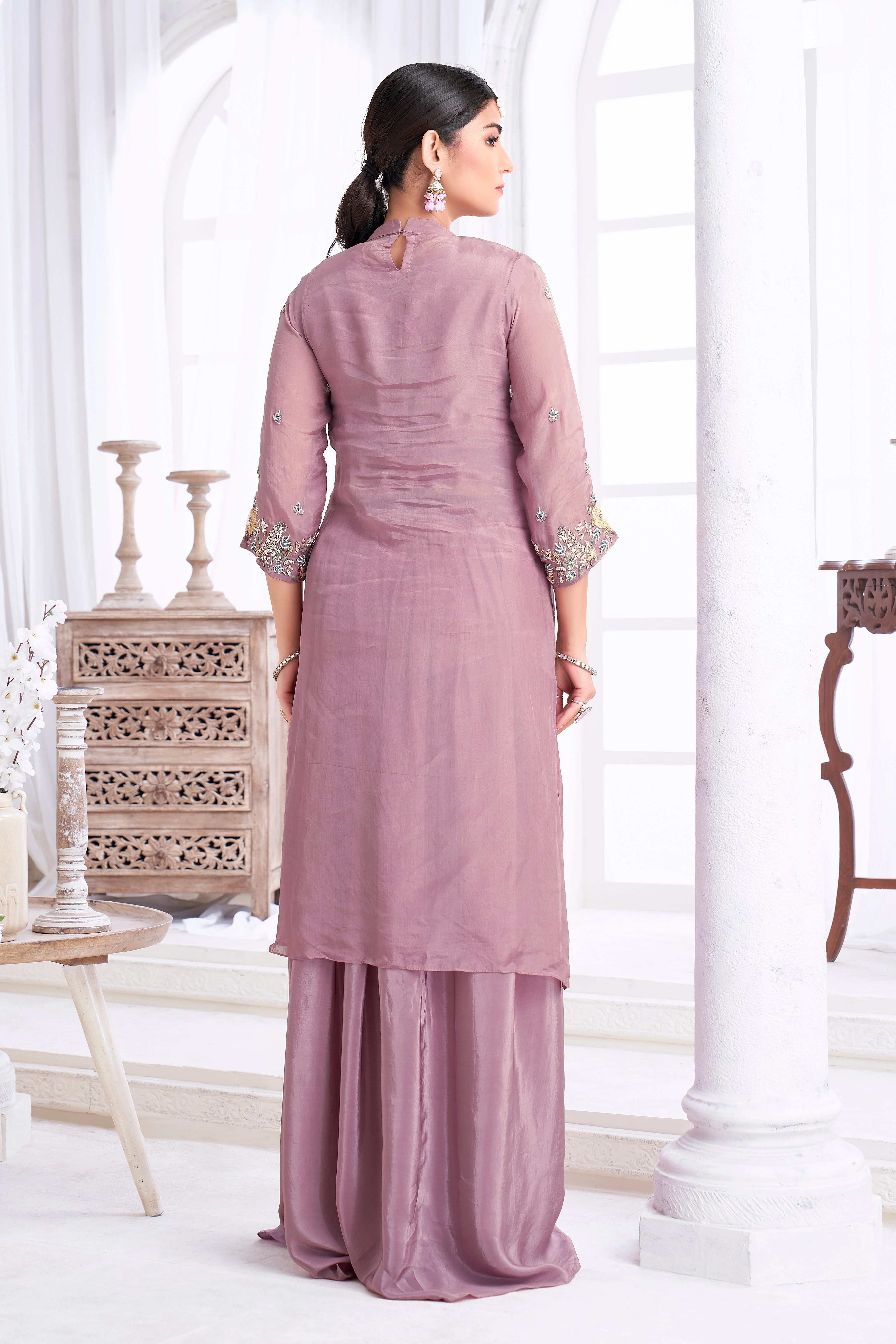 Smoky Lilac Embellished Crepe Silk Skirt Set - Image 4