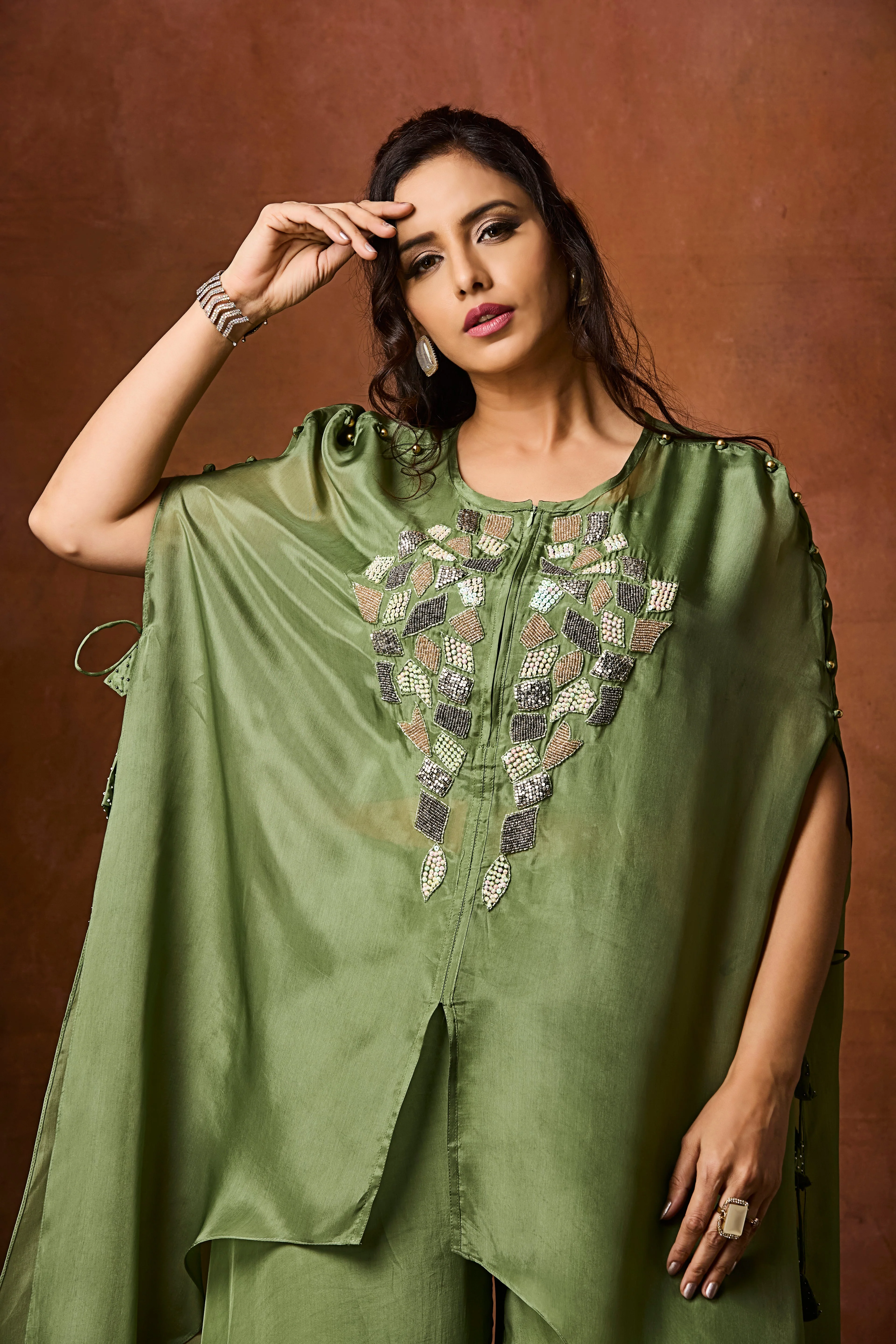 Dusty Green Embellished Organza Silk Kaftan Set - Image 2
