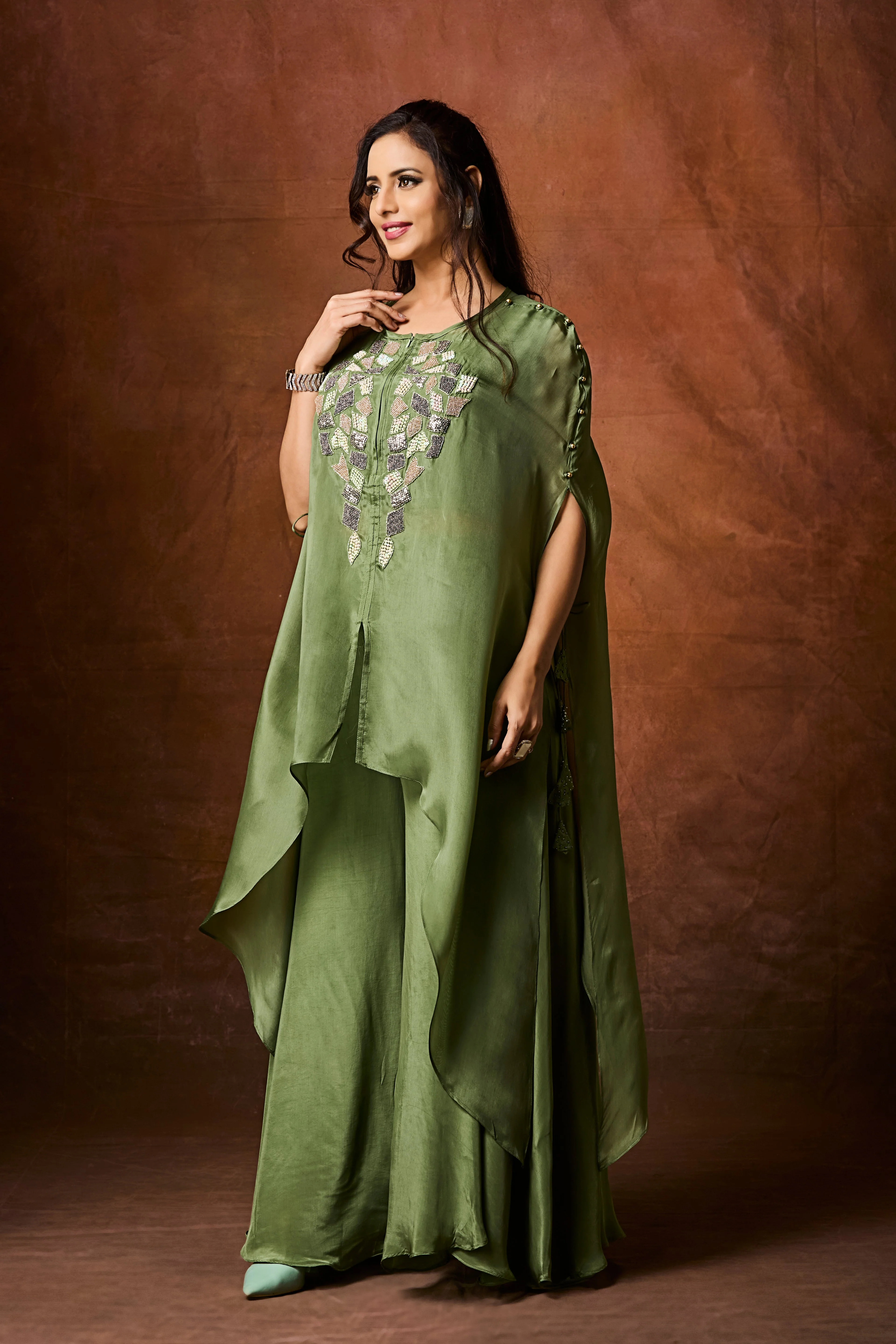 Dusty Green Embellished Organza Silk Kaftan Set - Image 3