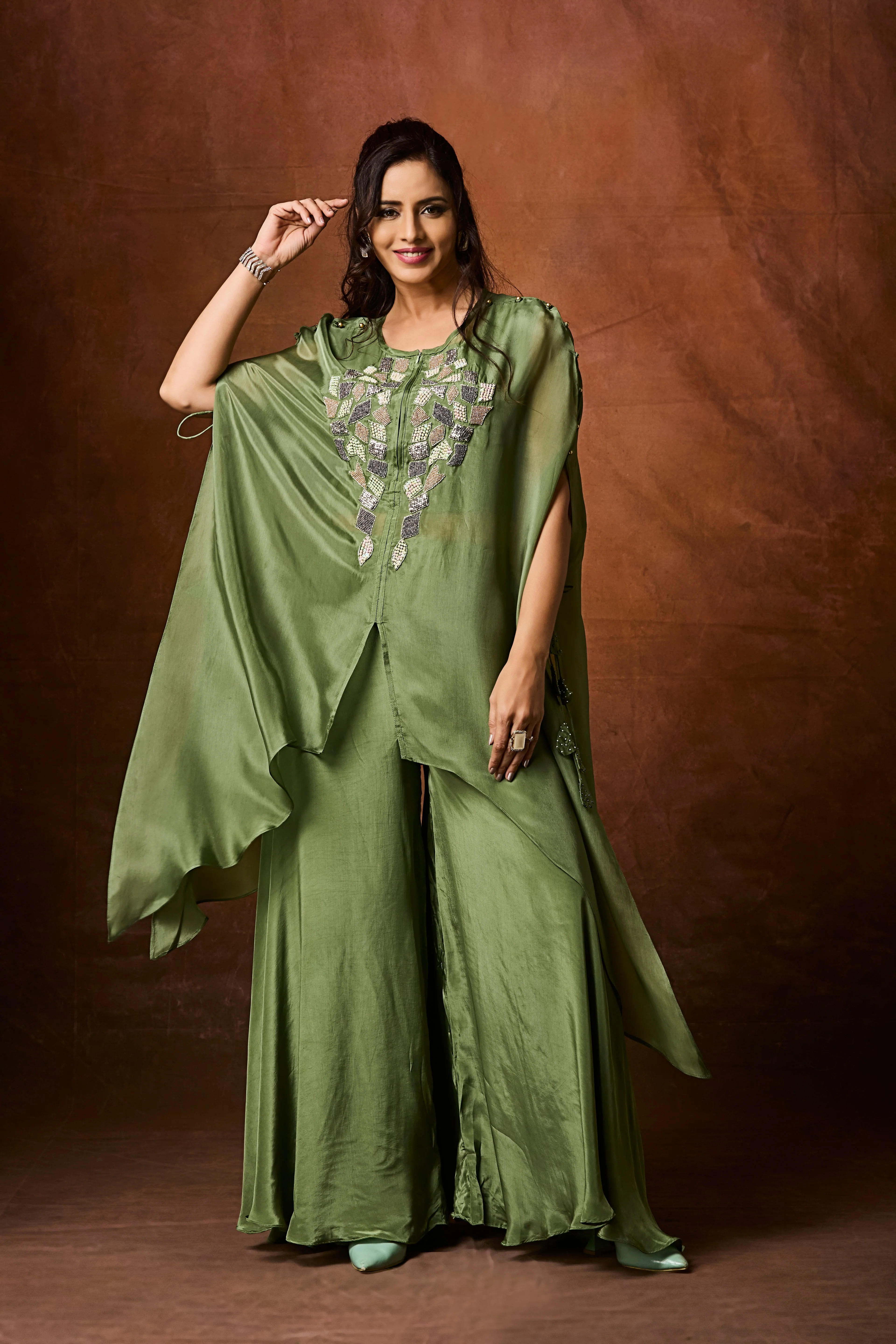 Dusty Green Embellished Organza Silk Kaftan Set - Image 4