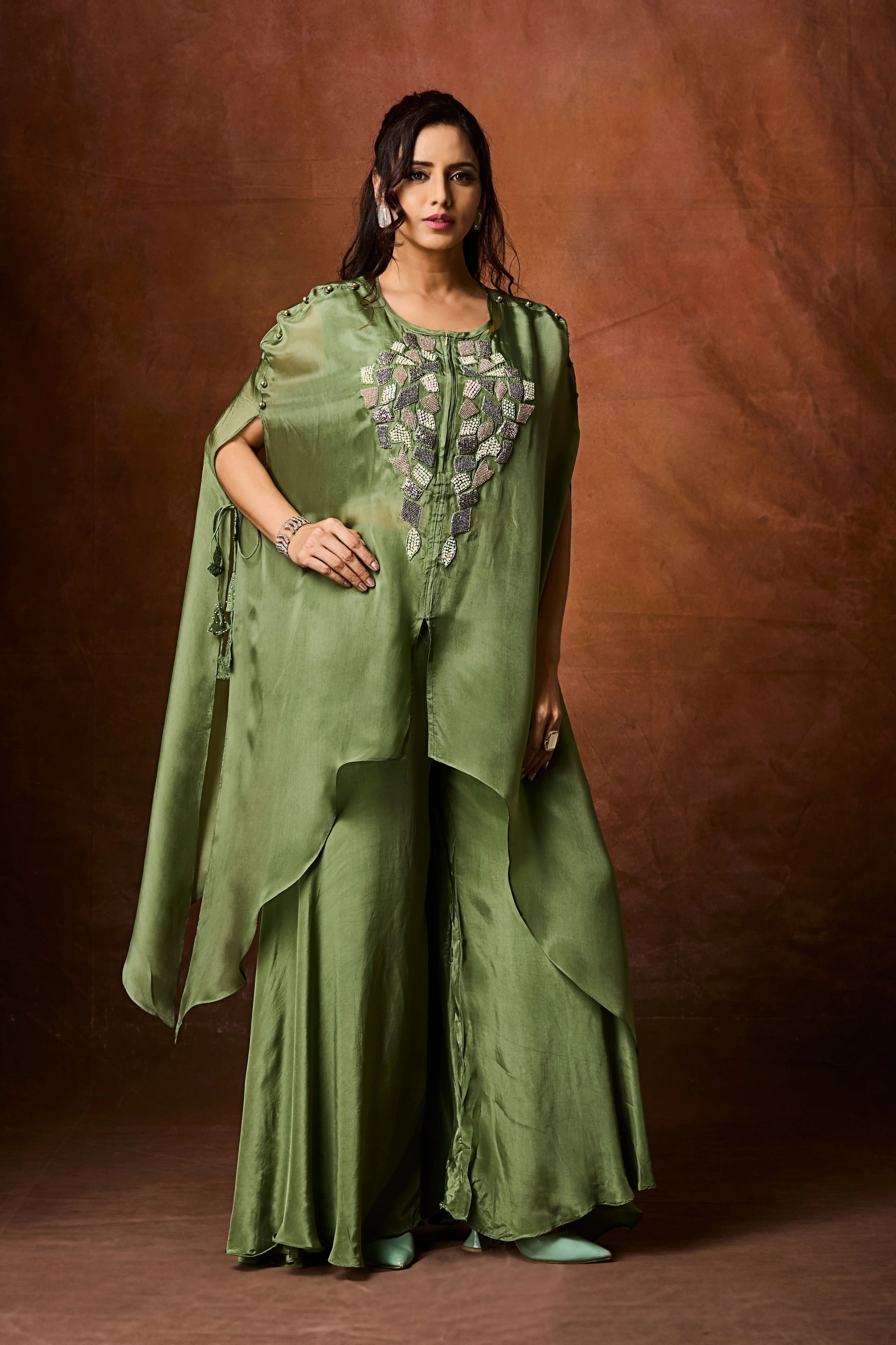 Dusty Green Embellished Organza Silk Kaftan Set - Image 5