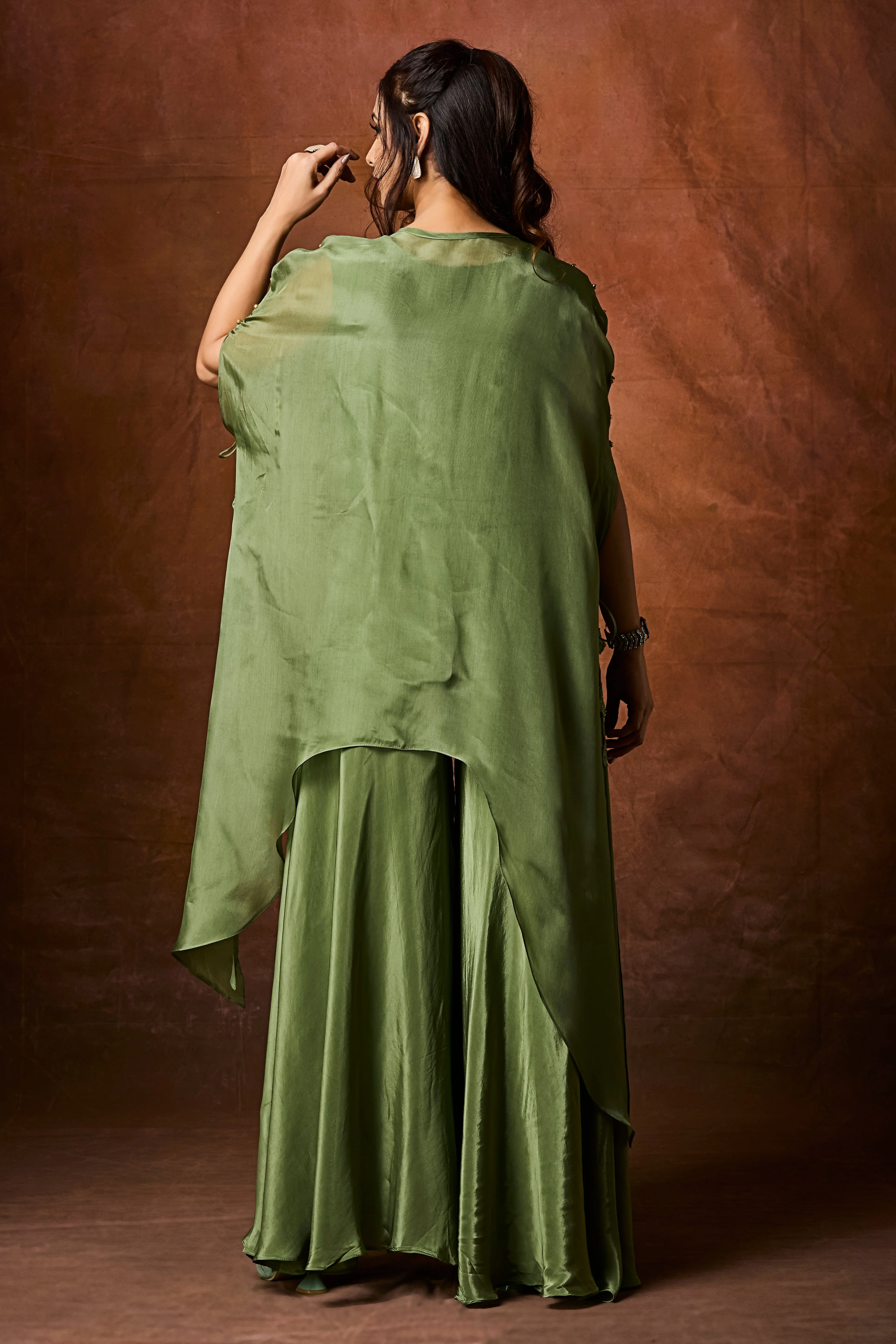 Dusty Green Embellished Organza Silk Kaftan Set - Image 6