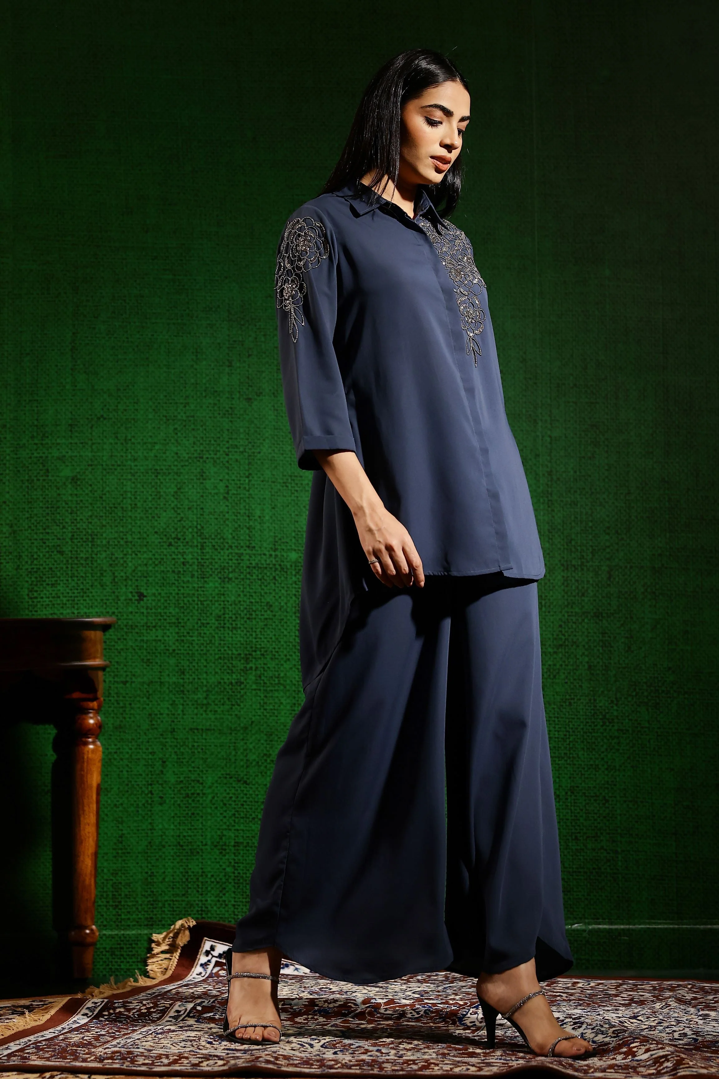 Dusty Blue Embellished Swiss Georgette Silk Co-Ord Set - Image 3