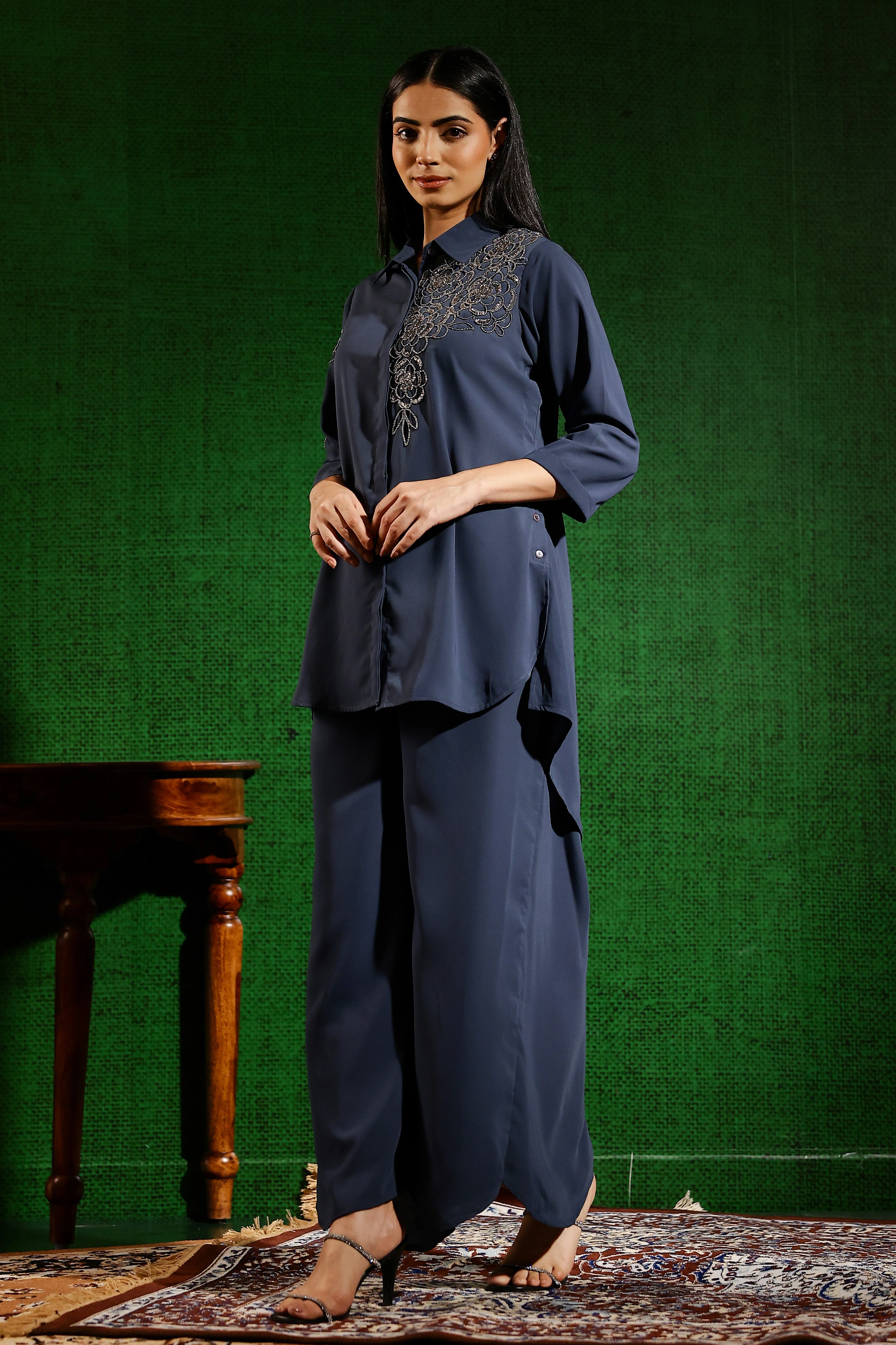 Dusty Blue Embellished Swiss Georgette Silk Co-Ord Set - Image 4