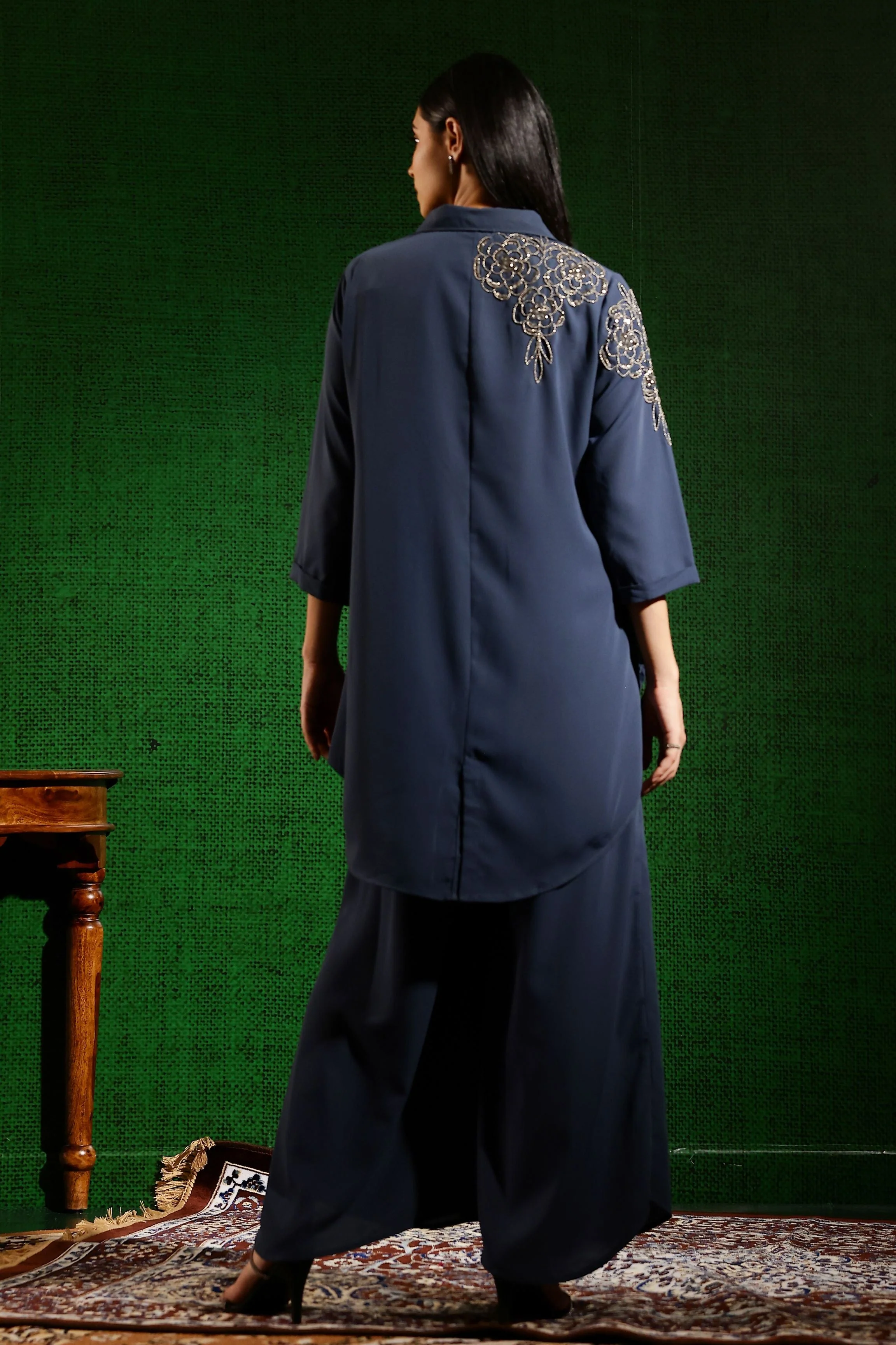 Dusty Blue Embellished Swiss Georgette Silk Co-Ord Set - Image 5