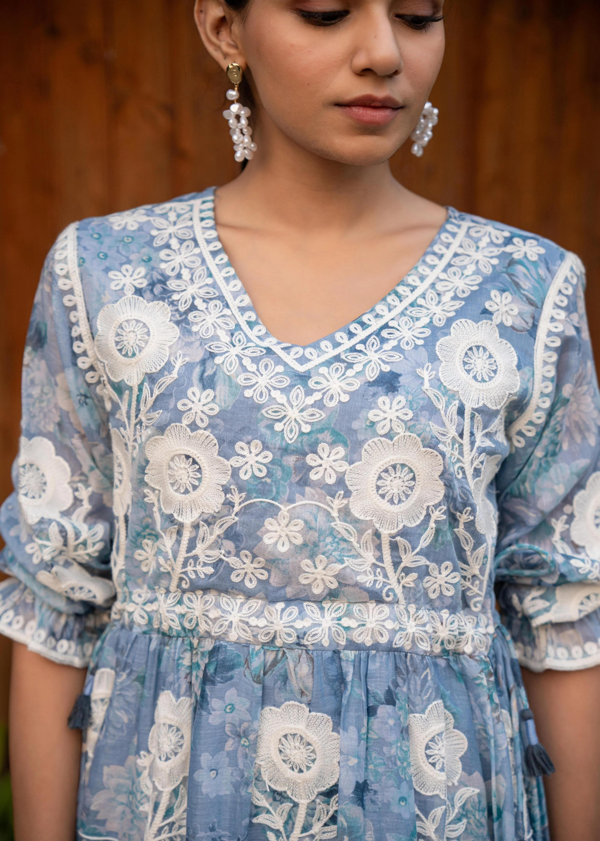 Dusty Blue Floral Embroidered Tiered Dress - Image 2