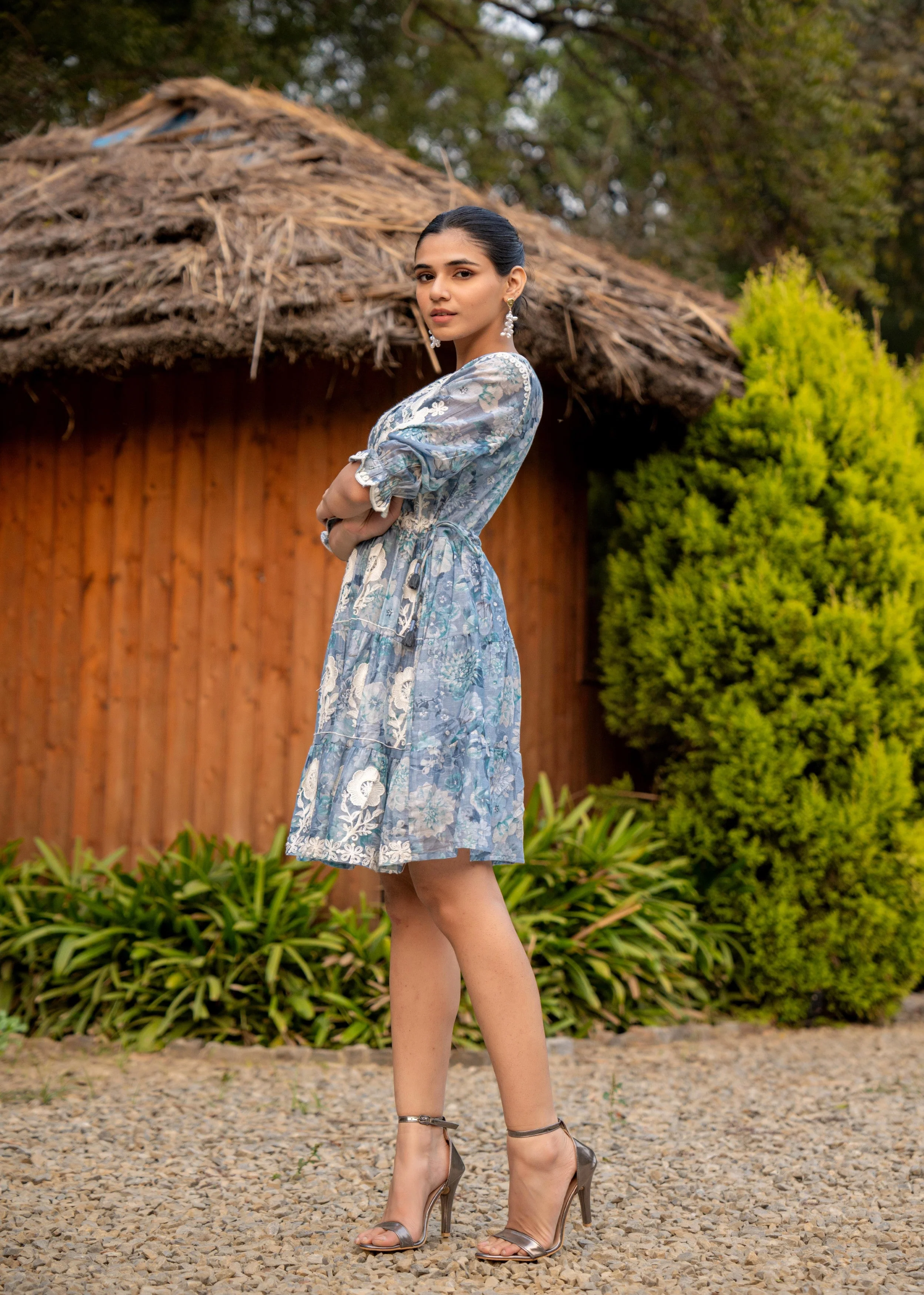 Dusty Blue Floral Embroidered Tiered Dress - Image 3