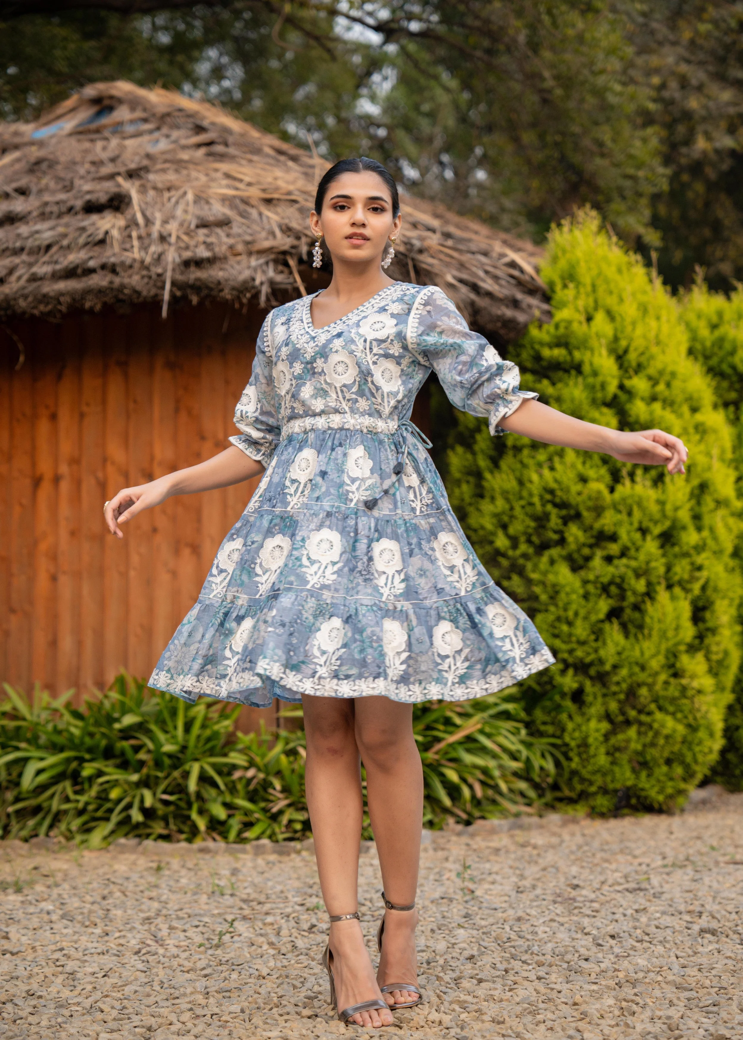 Dusty Blue Floral Embroidered Tiered Dress - Image 4