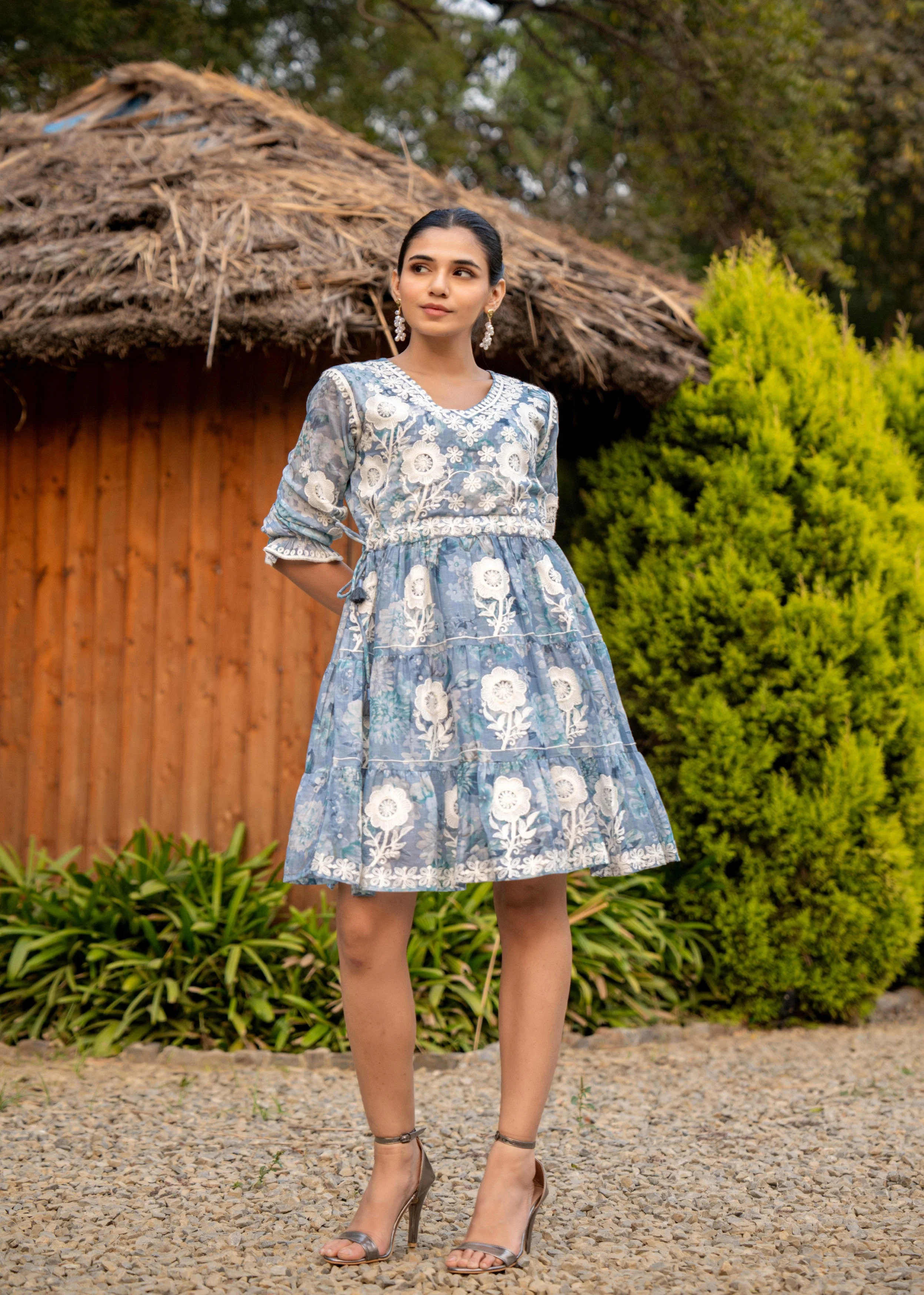 Dusty Blue Floral Embroidered Tiered Dress - Image 6