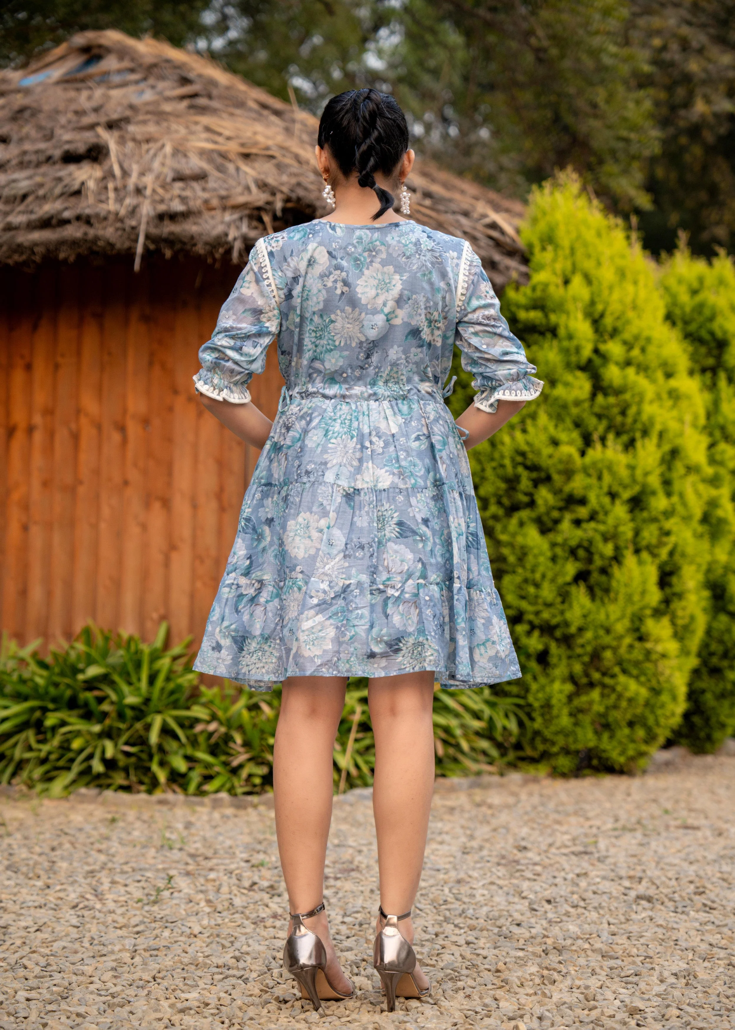 Dusty Blue Floral Embroidered Tiered Dress - Image 8