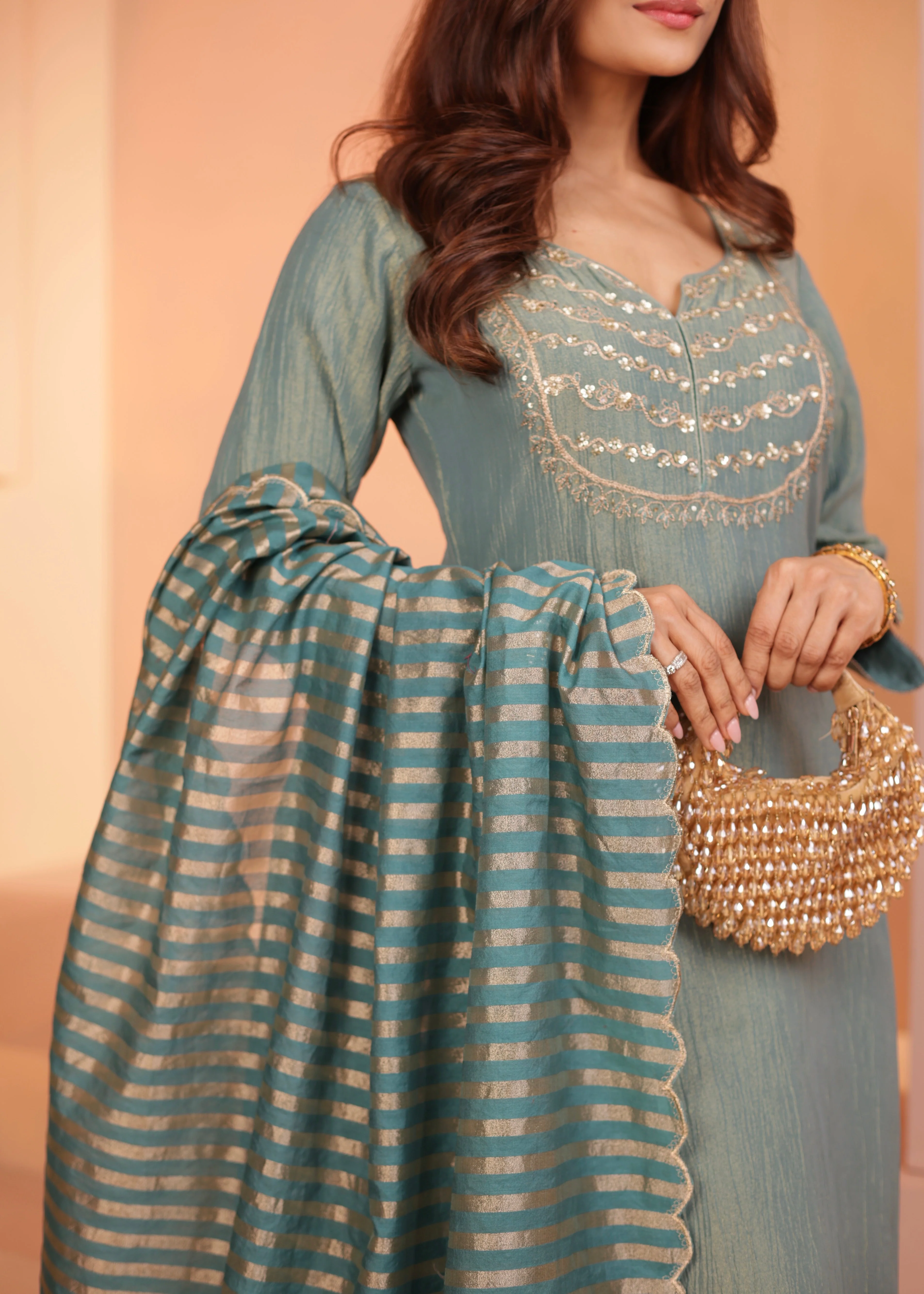 Dusty Blue Embroidered Crushed Tissue Silk Pant Set - Image 3