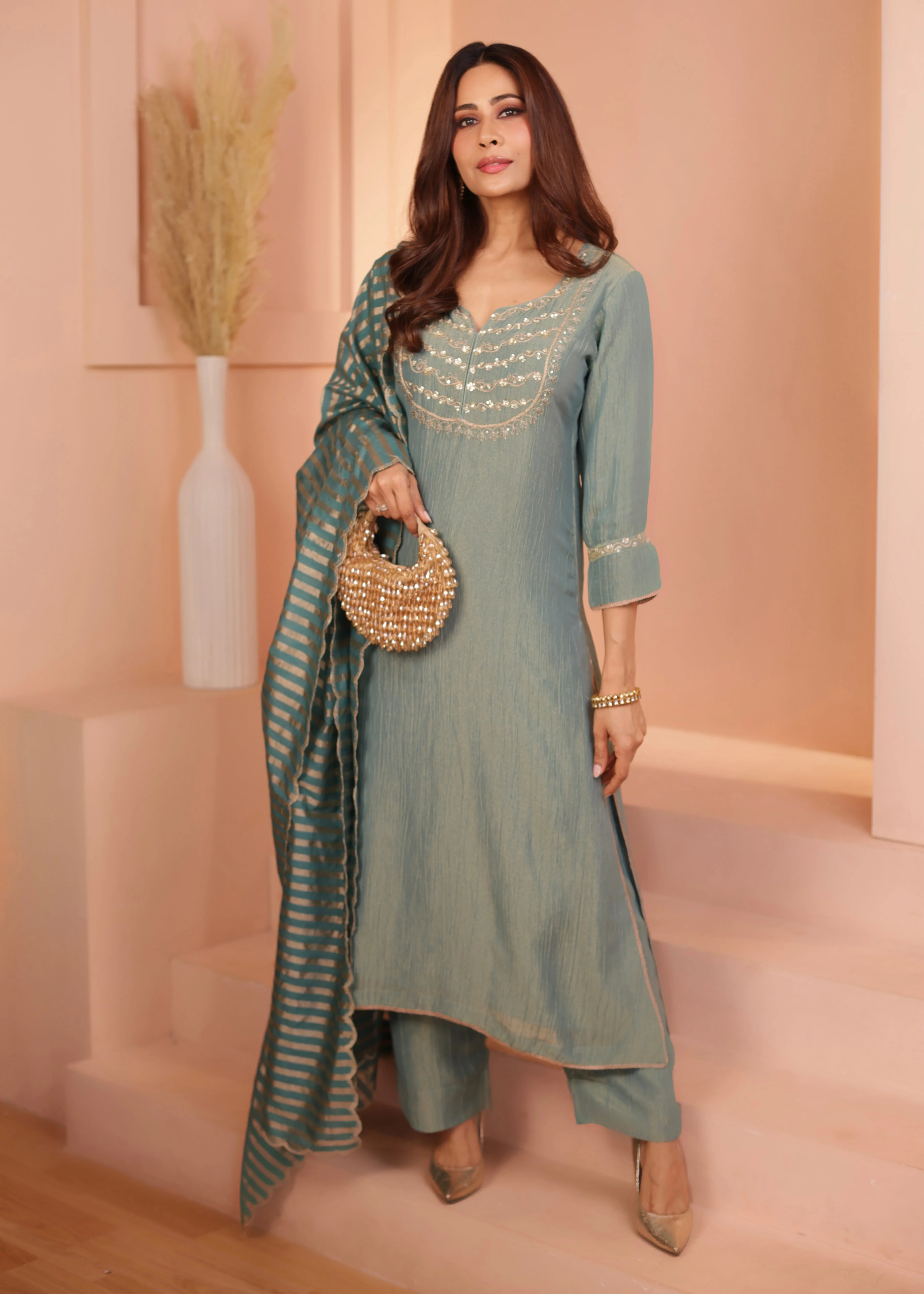 Dusty Blue Embroidered Crushed Tissue Silk Pant Set - Image 4