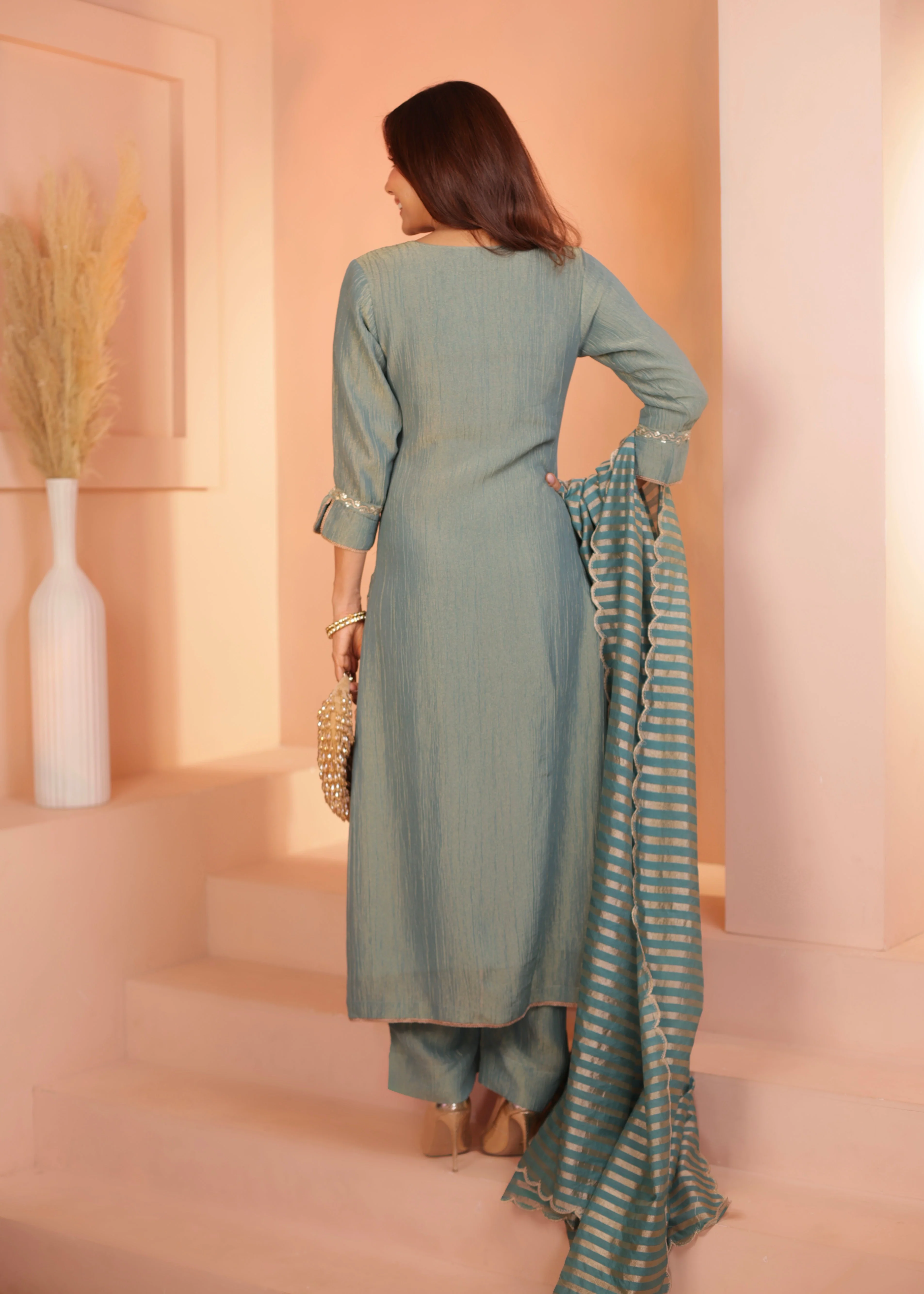 Dusty Blue Embroidered Crushed Tissue Silk Pant Set - Image 6