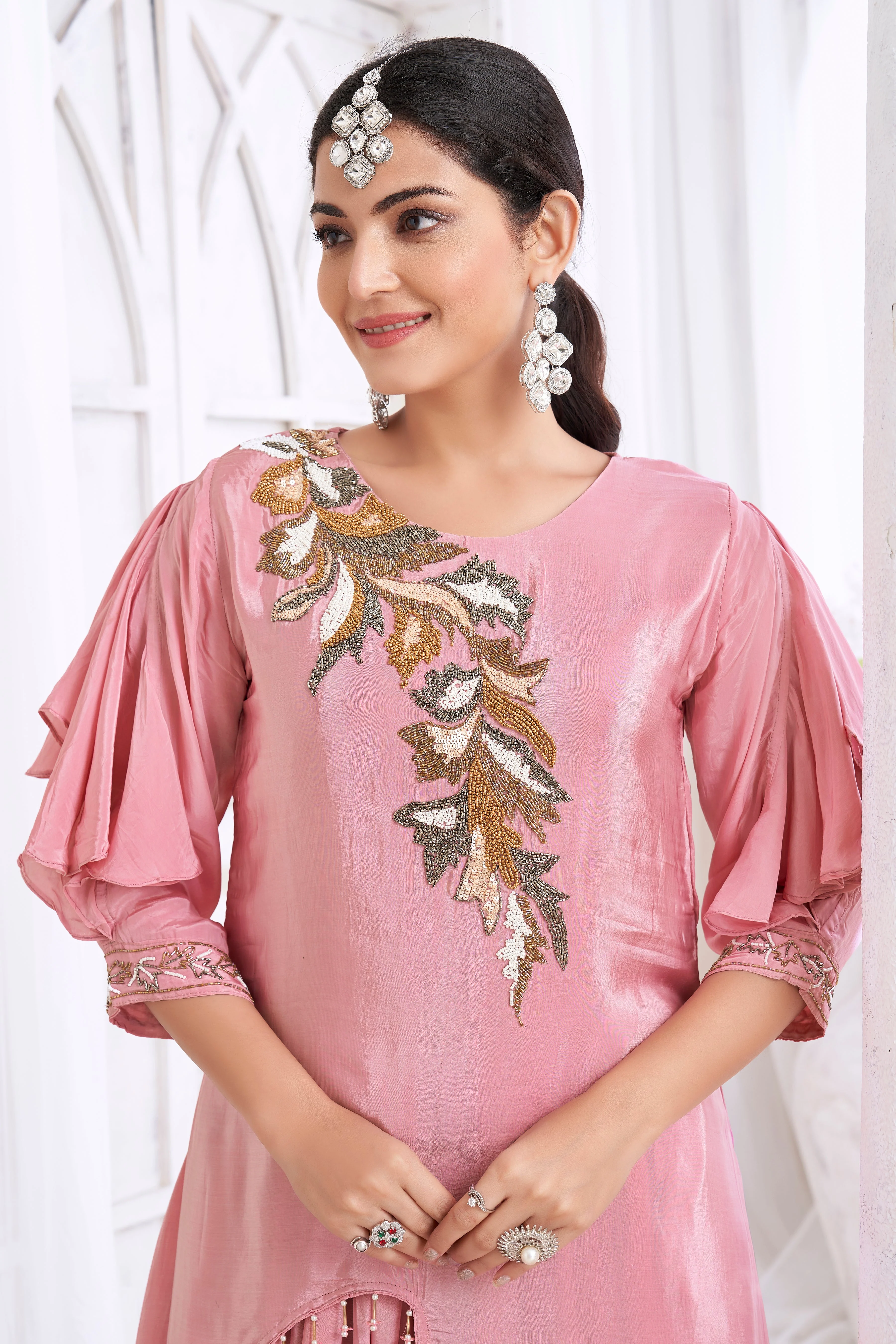 Dusty Rose Embellished Crepe Silk Dhoti Set - Image 2