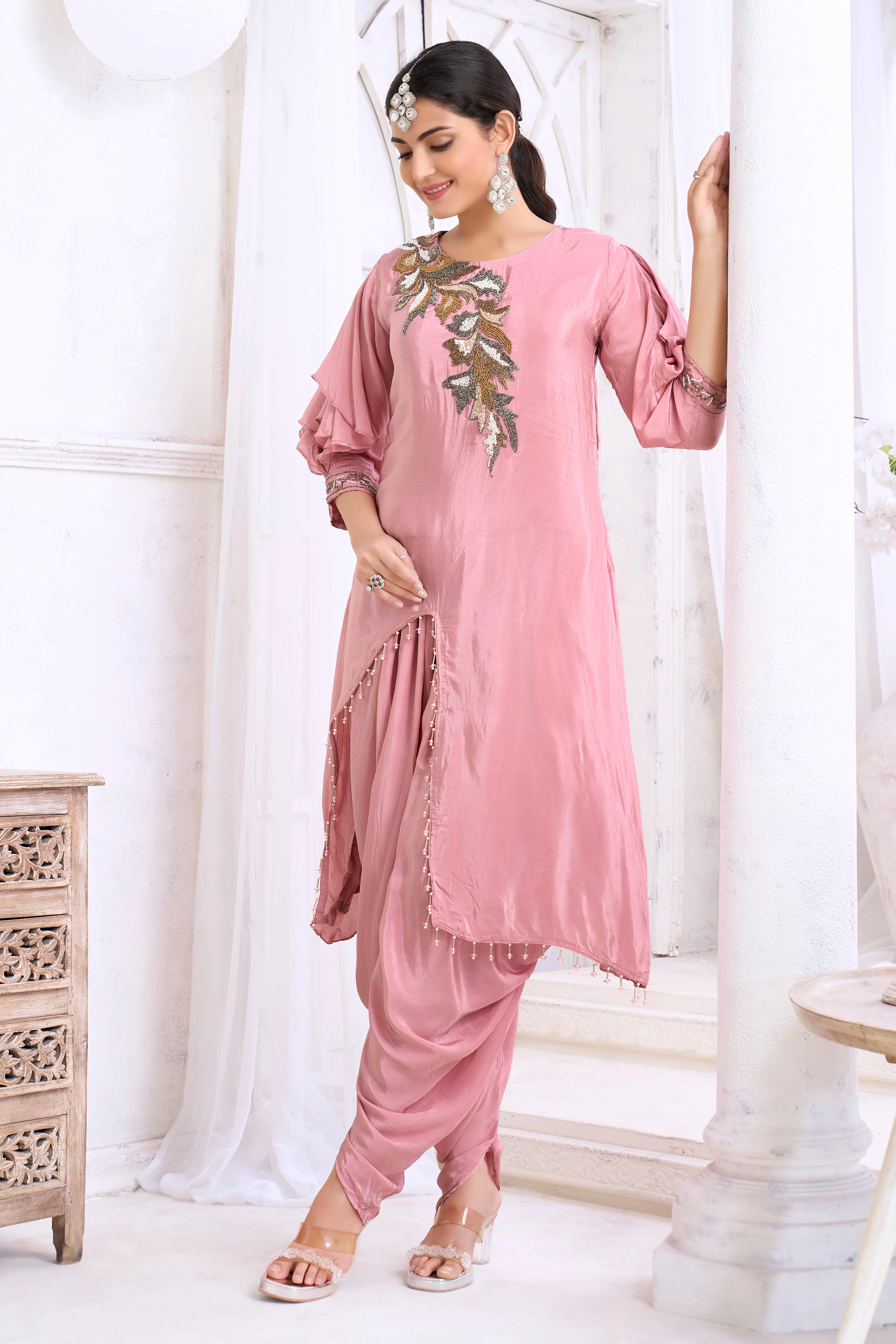 Dusty Rose Embellished Crepe Silk Dhoti Set - Image 3