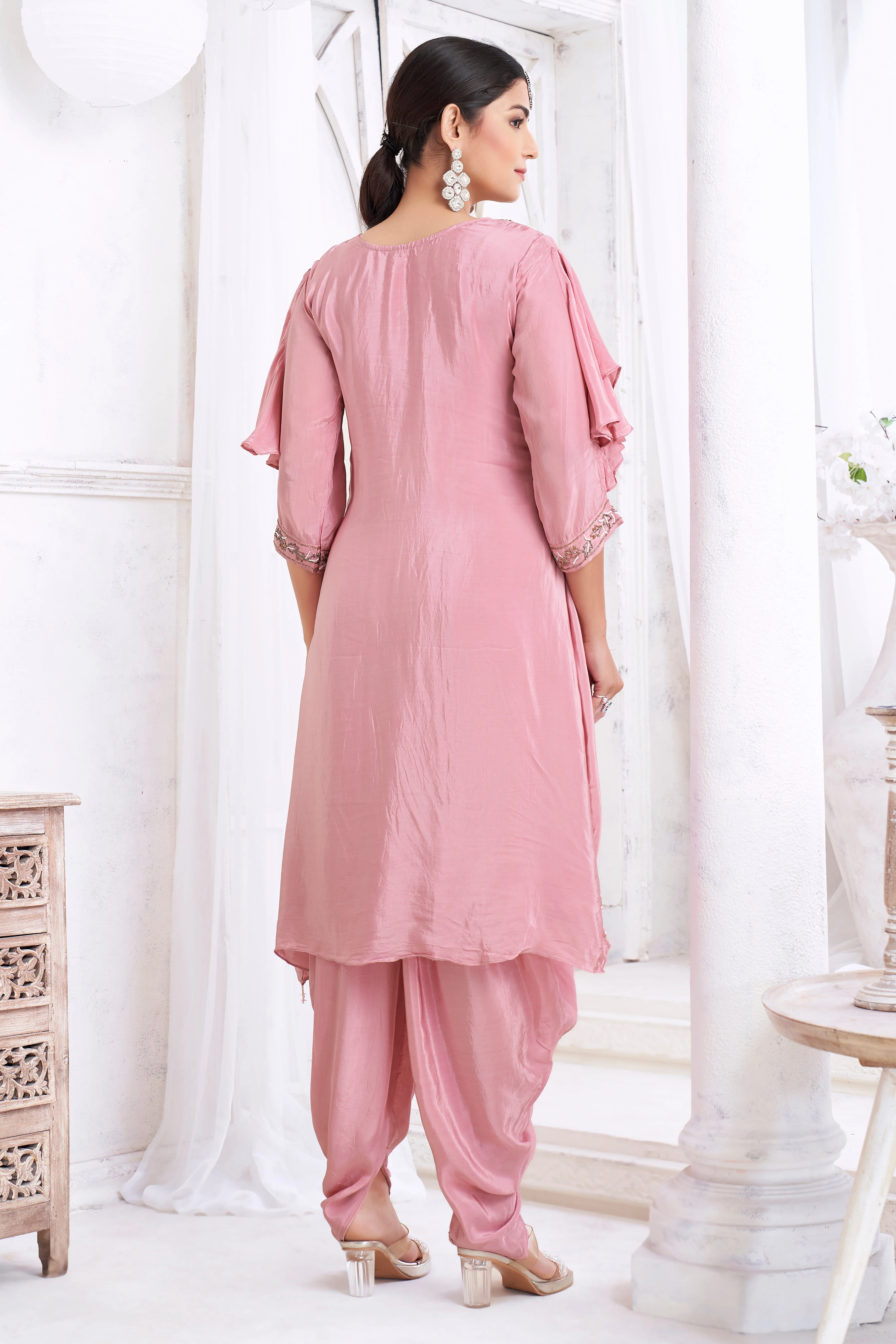 Dusty Rose Embellished Crepe Silk Dhoti Set - Image 4