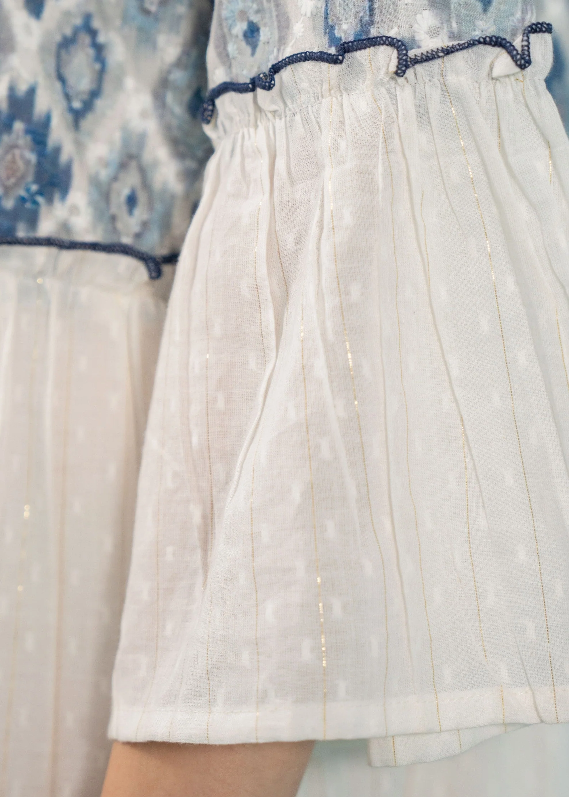 Dusty Blue & White Embroidered Cotton Dress - Image 3