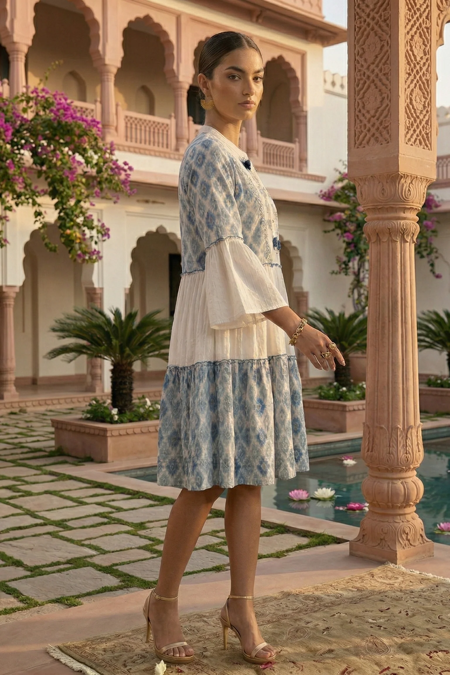 Dusty Blue & White Embroidered Cotton Dress - Image 4