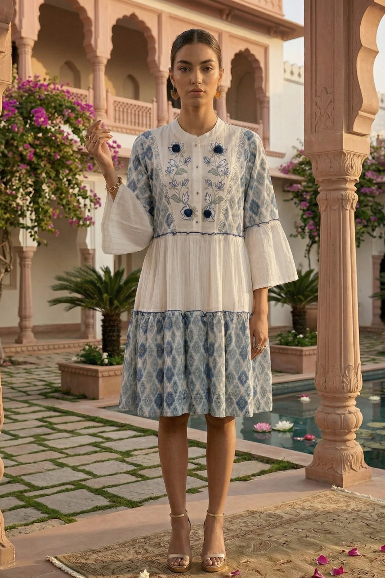 Dusty Blue & White Embroidered Cotton Dress - Image 5