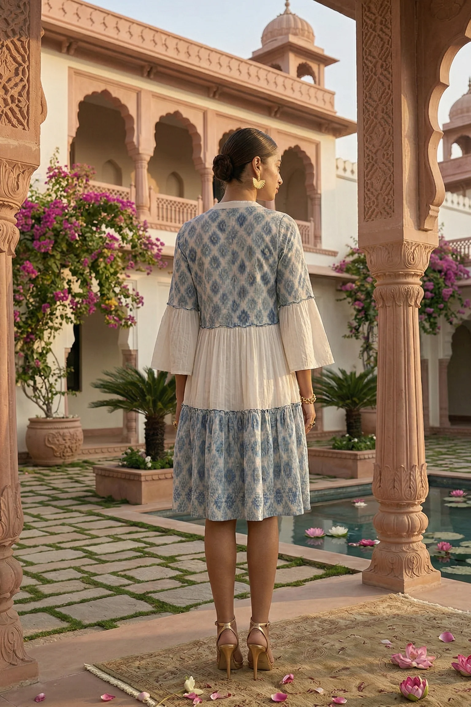 Dusty Blue & White Embroidered Cotton Dress - Image 6