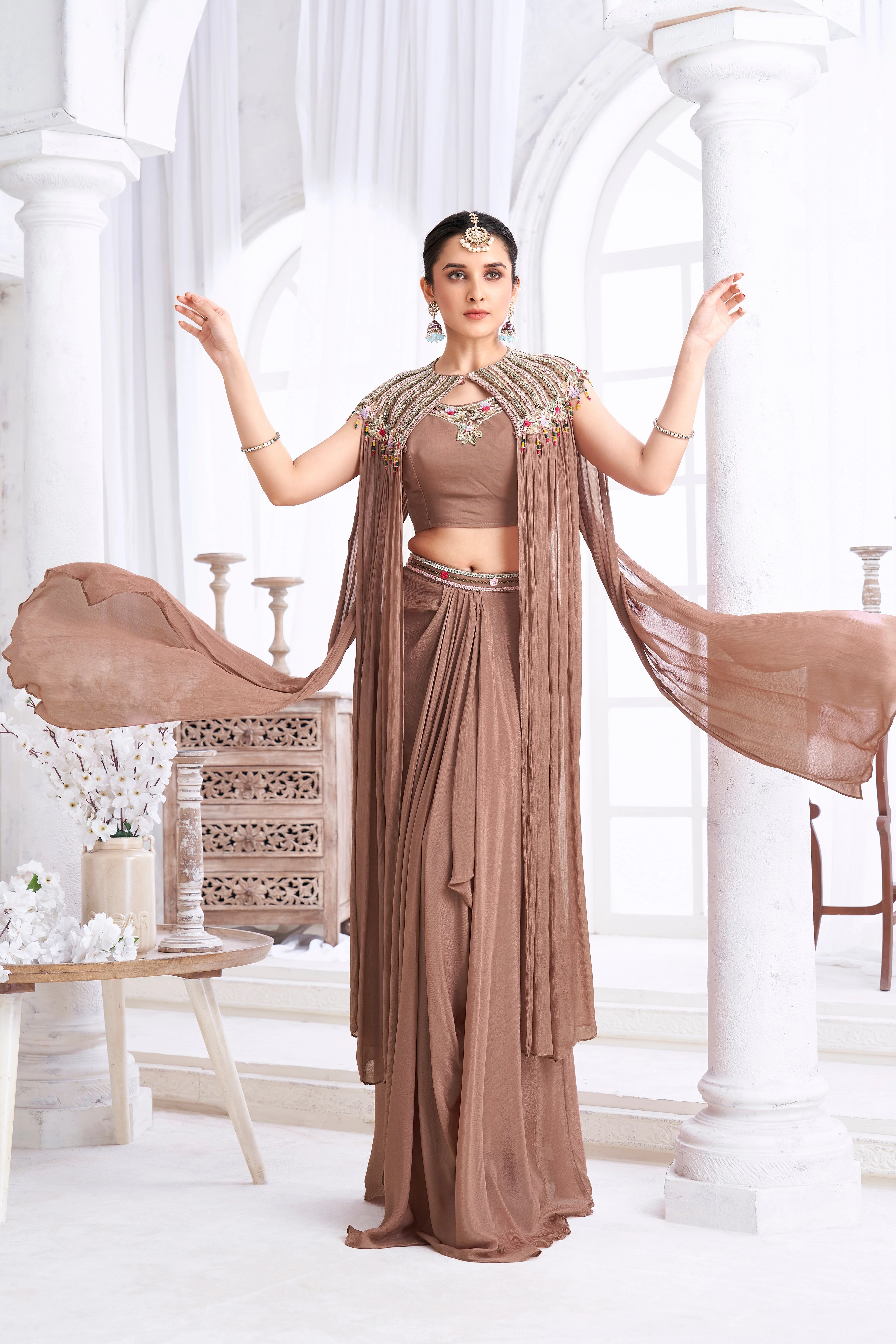 Dusty Brown Embellished Chinon Silk Cape Set - Image 3