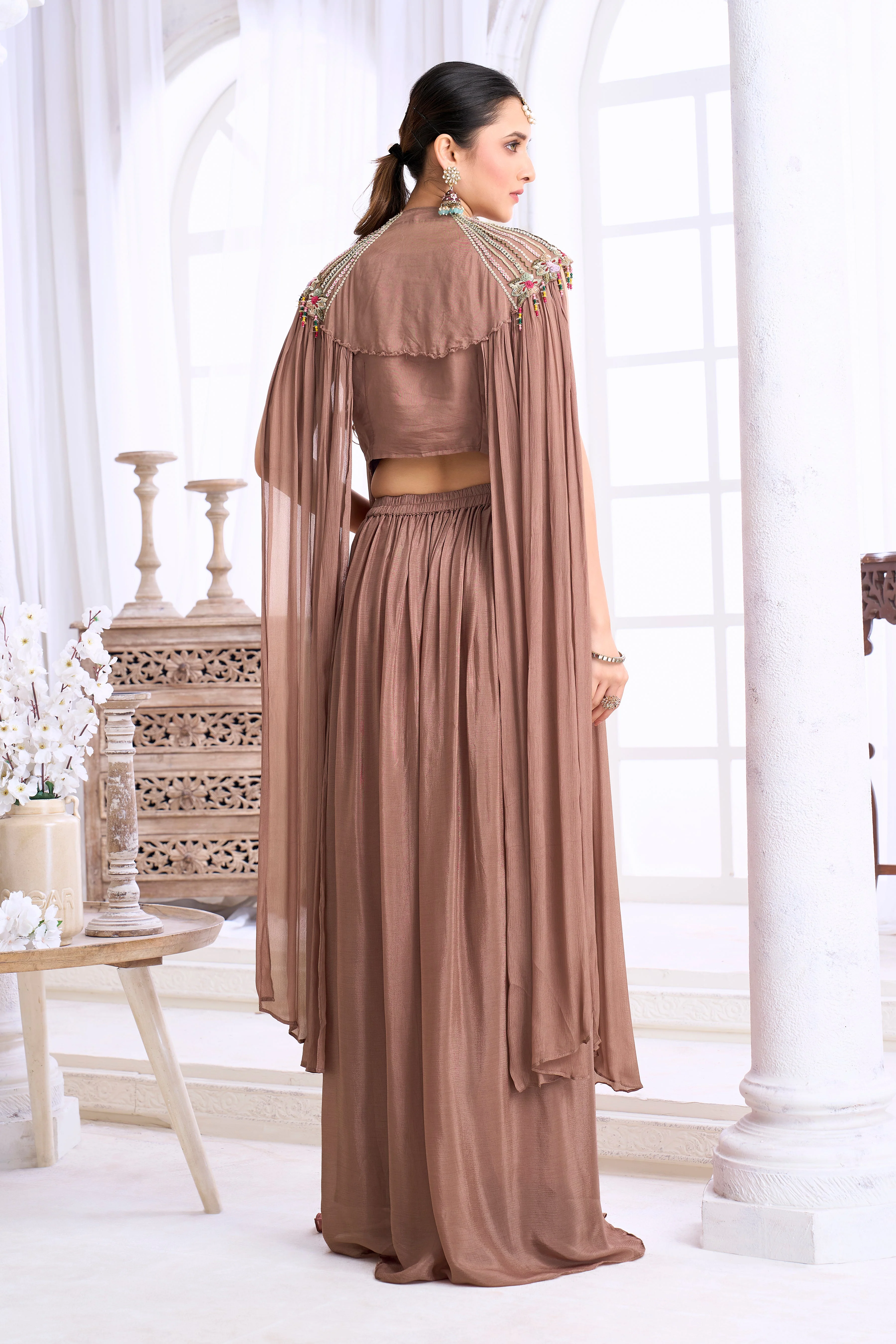 Dusty Brown Embellished Chinon Silk Cape Set - Image 4