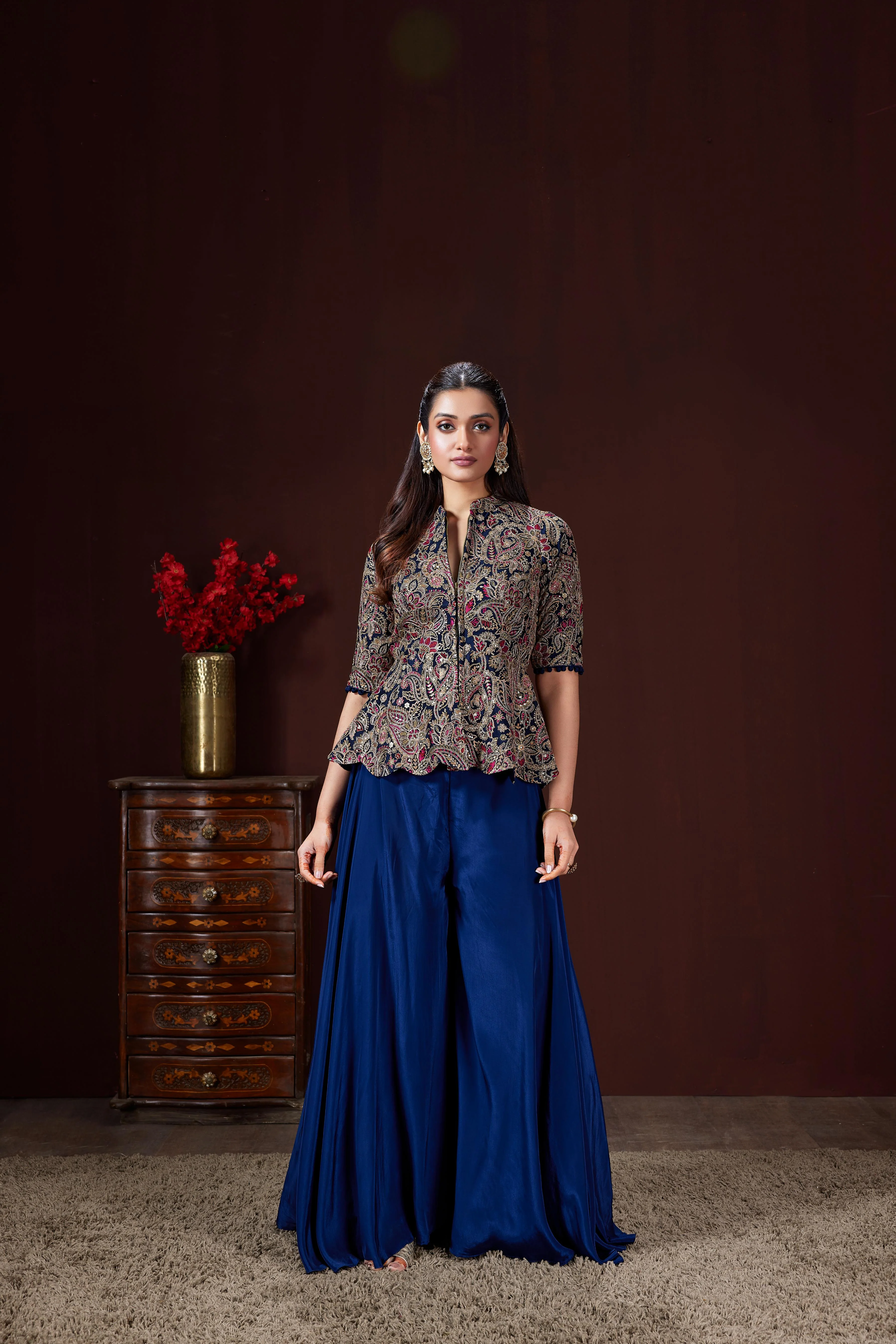 Navy Blue Embellished Crepe Silk Palazzo Set