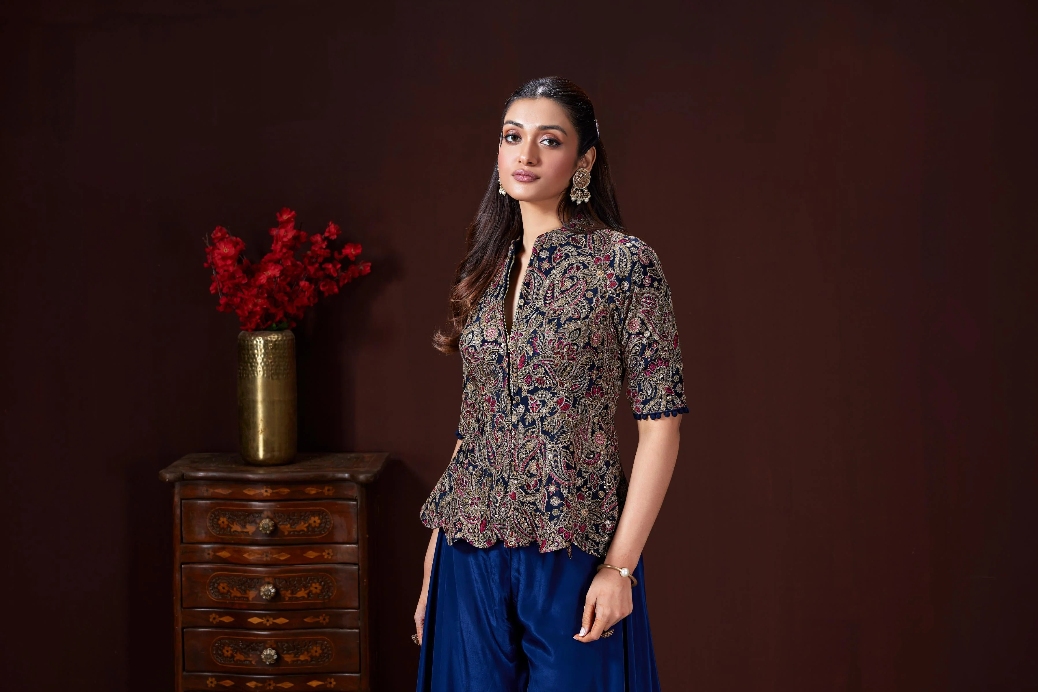 Navy Blue Embellished Crepe Silk Palazzo Set - Image 2