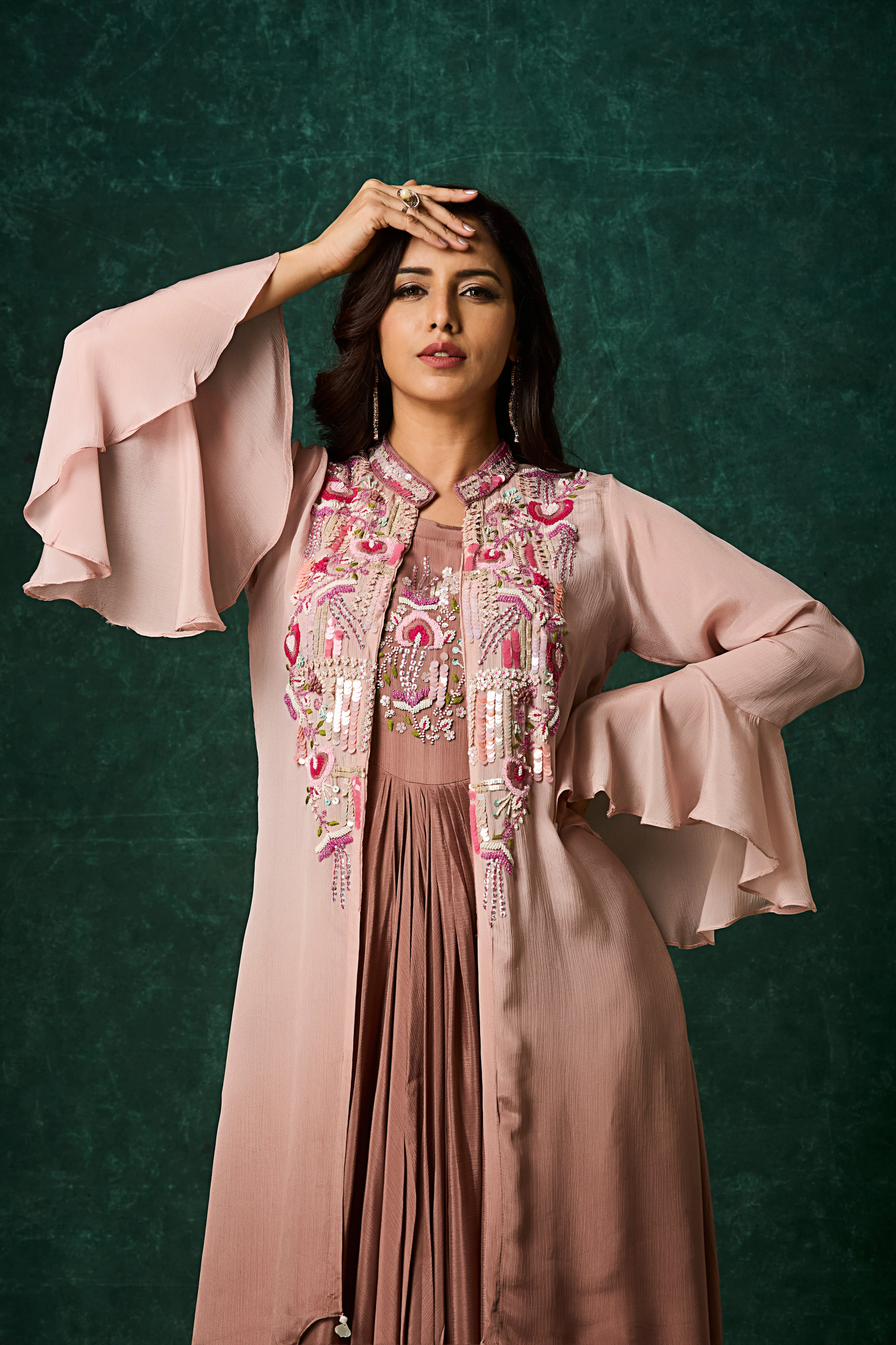 Dusty Brown Ombre Embellished Chinon Silk Gown - Image 2