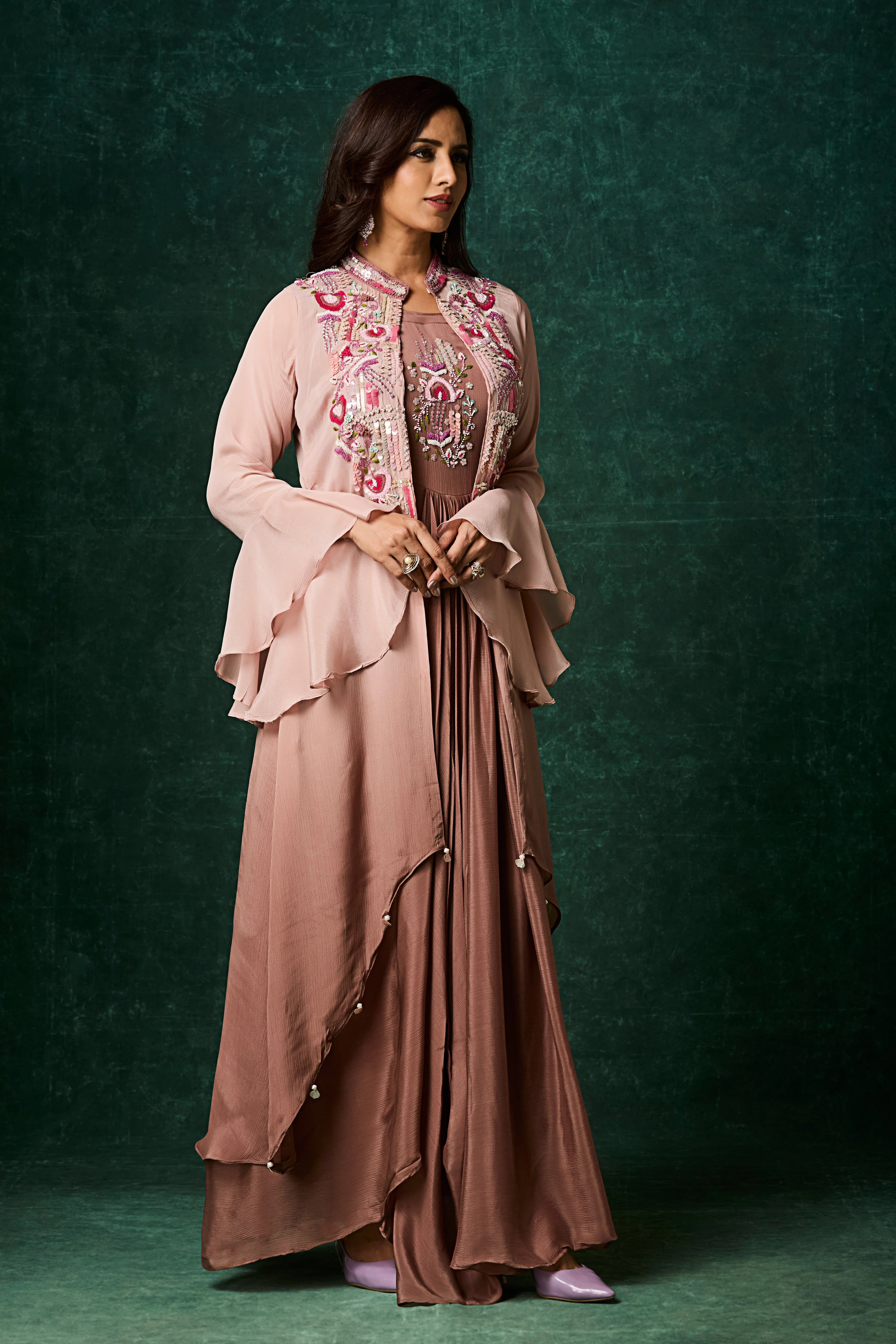 Dusty Brown Ombre Embellished Chinon Silk Gown - Image 3