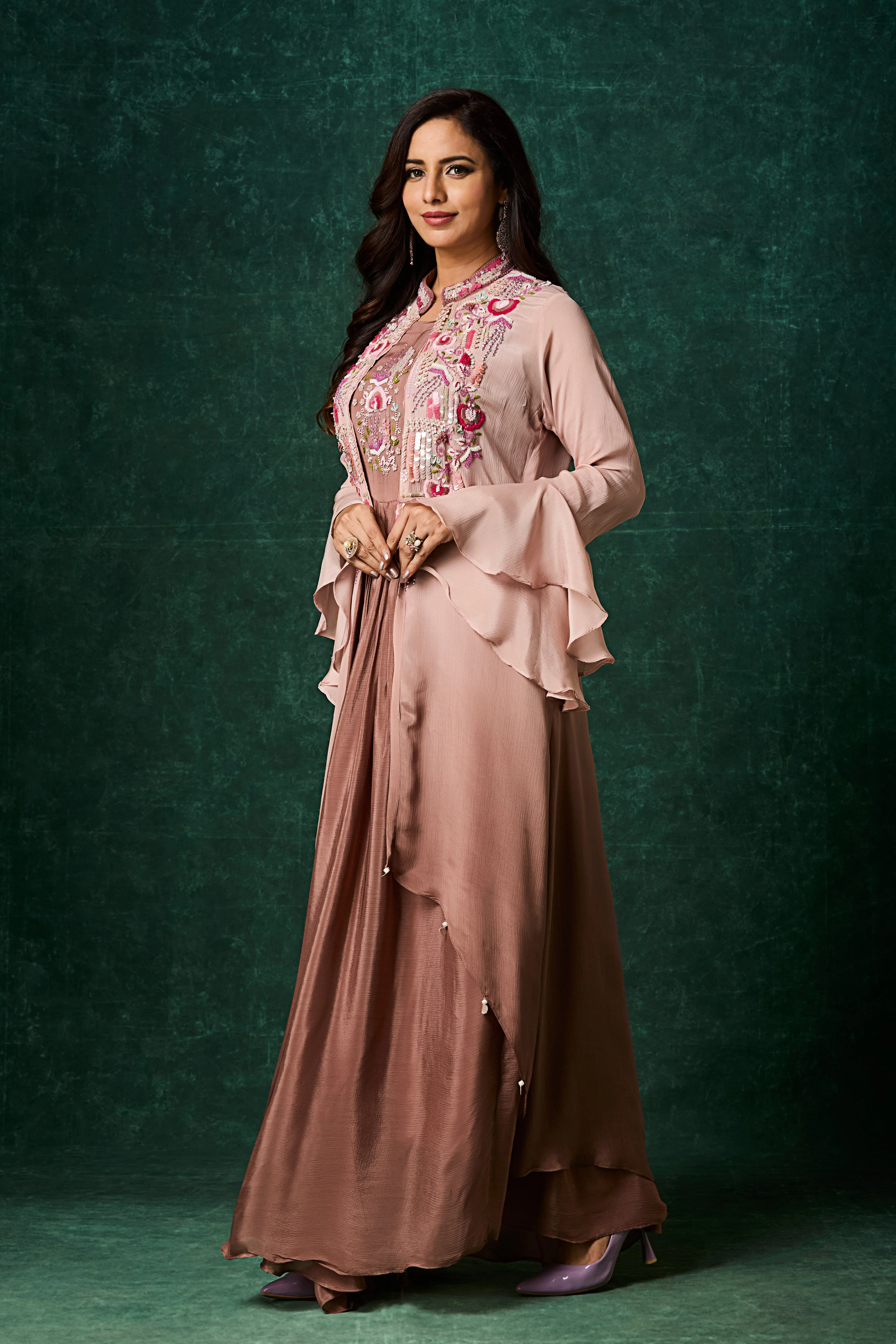Dusty Brown Ombre Embellished Chinon Silk Gown - Image 4