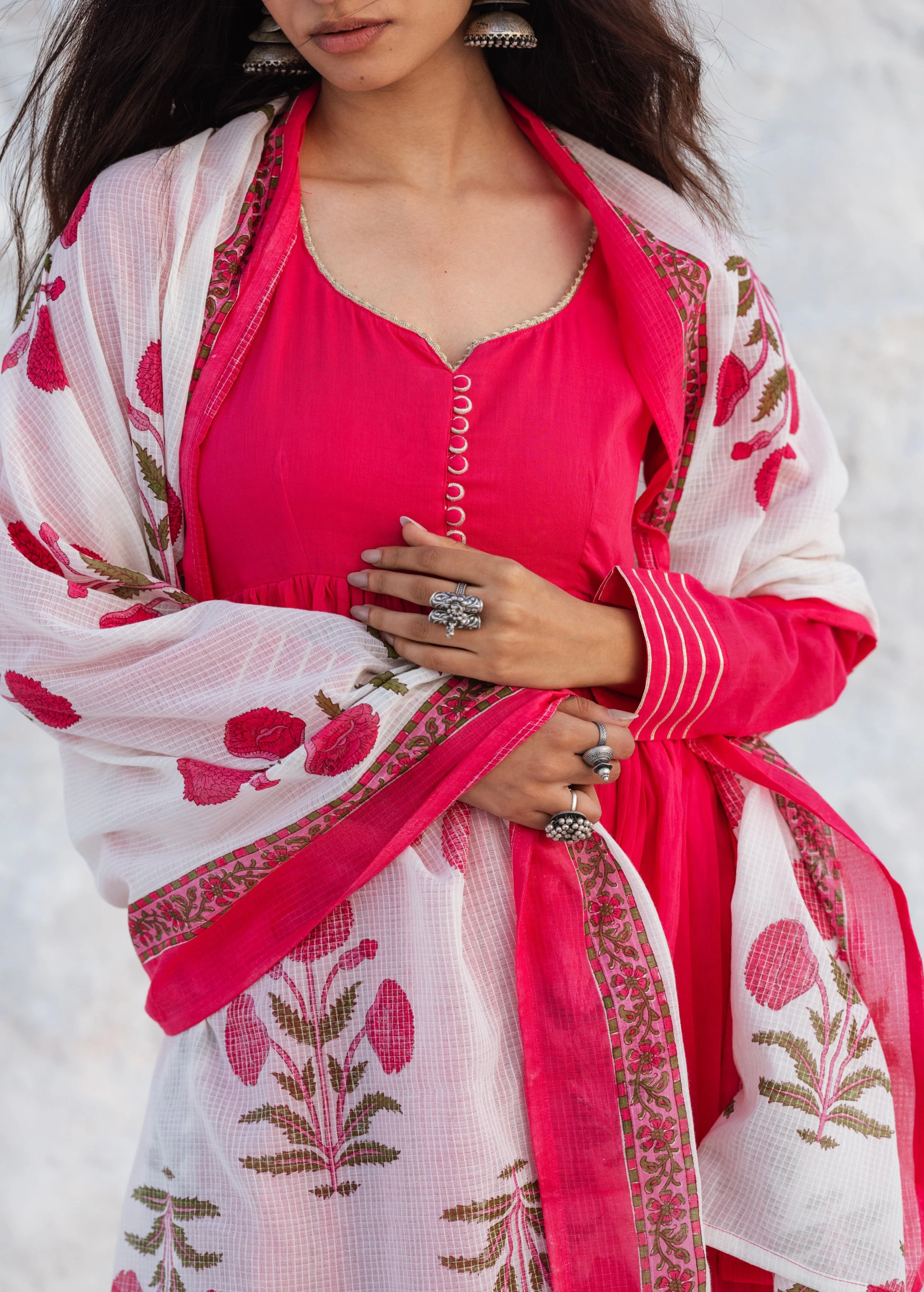 Magenta Pink Embellished Mul Cotton Anarkali Set - Image 2
