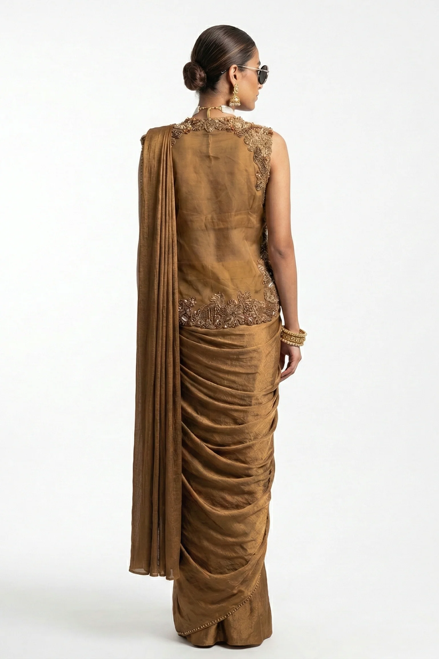 Dusty Gold Embellished Tissue Silk Draped Saree - Image 2