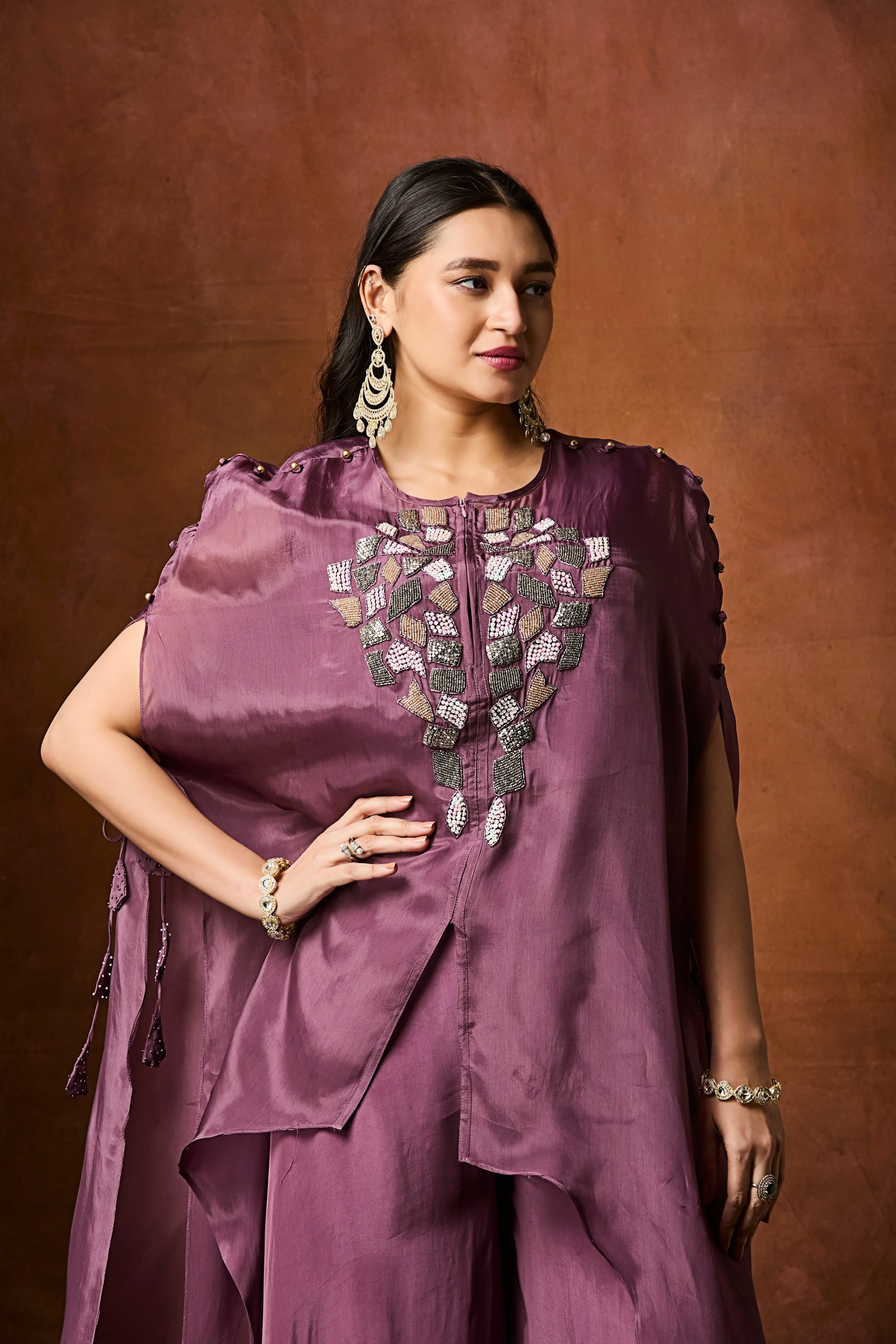 Dusty Mauve Embellished Organza Silk Kaftan Set - Image 2