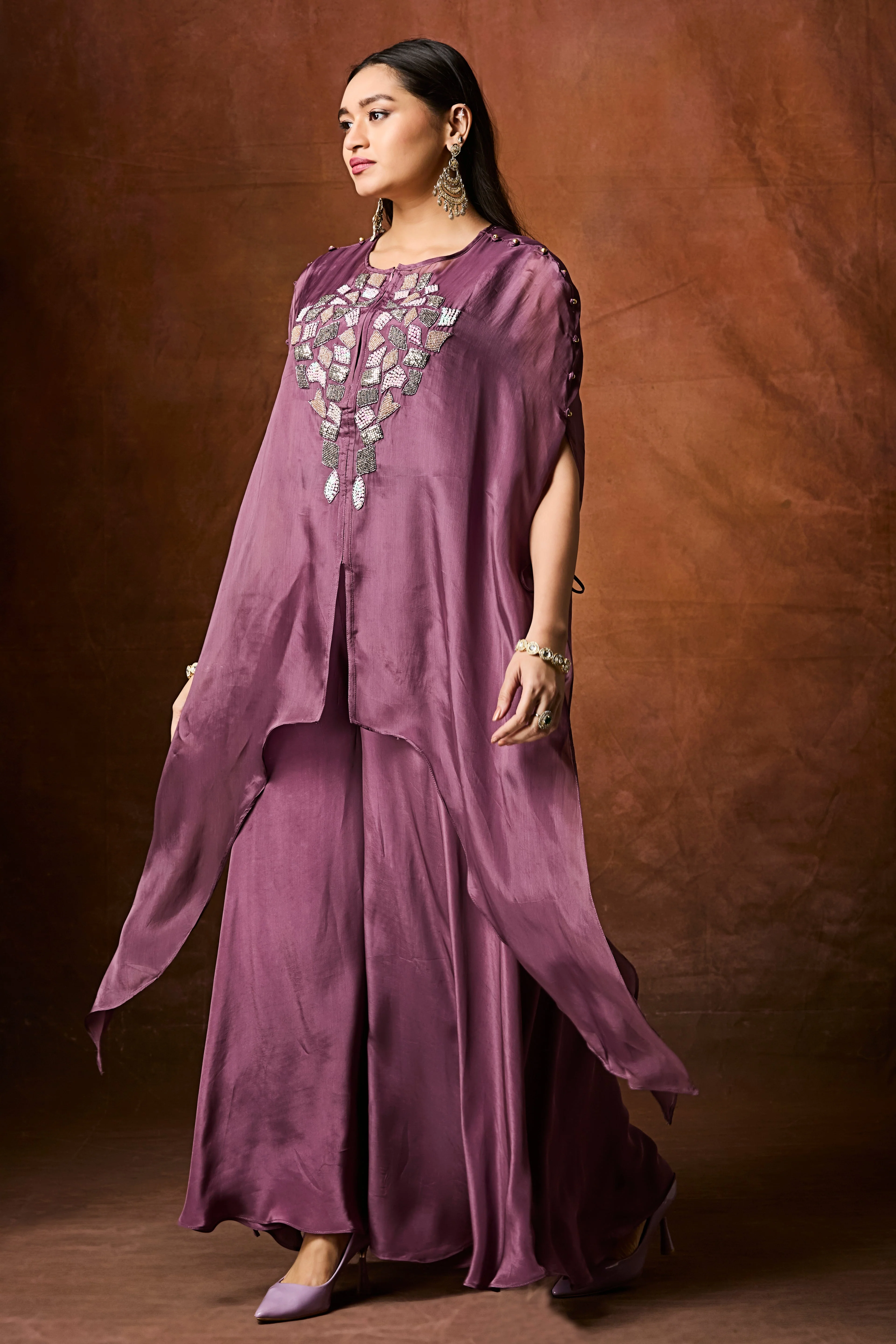 Dusty Mauve Embellished Organza Silk Kaftan Set - Image 3
