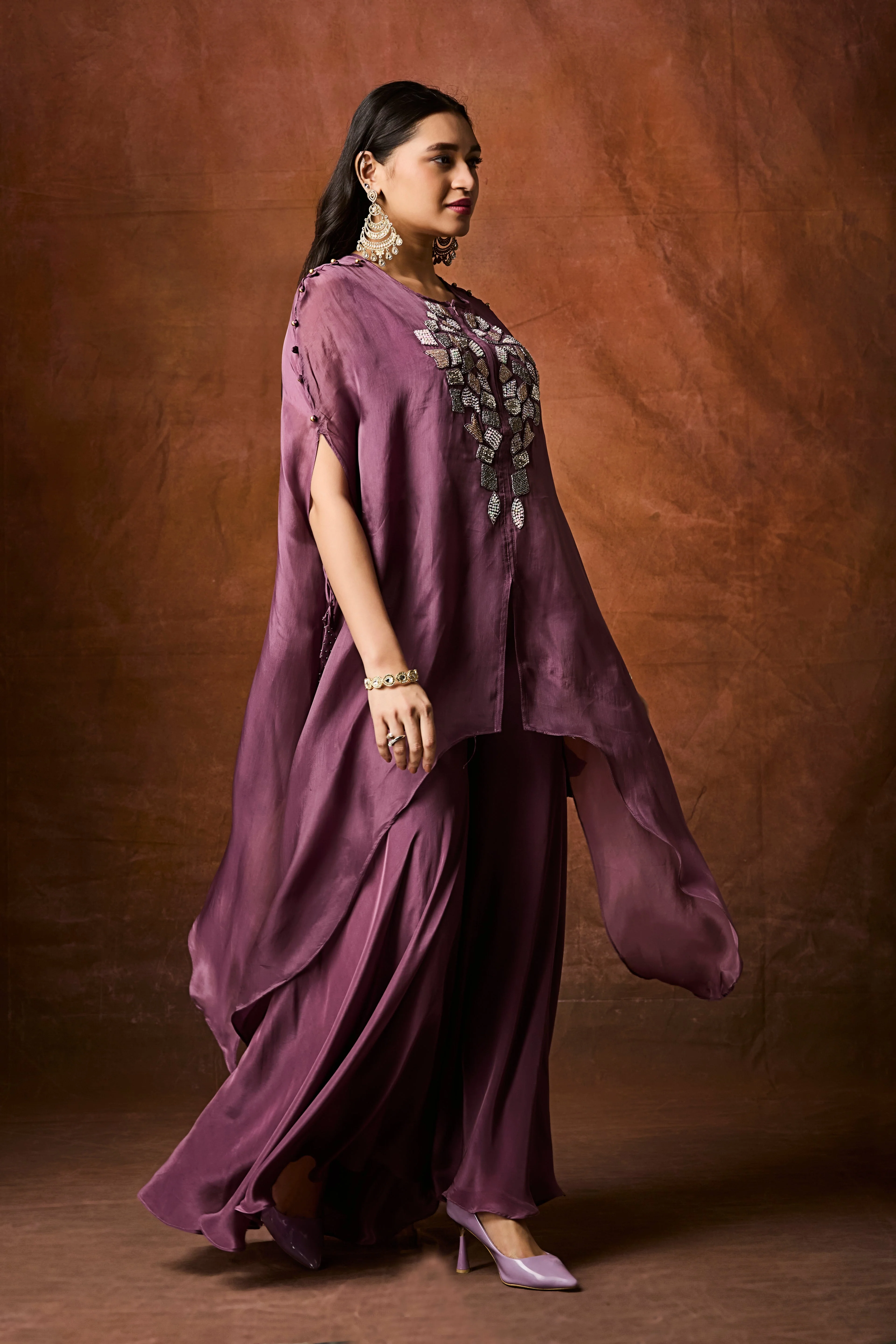 Dusty Mauve Embellished Organza Silk Kaftan Set - Image 4