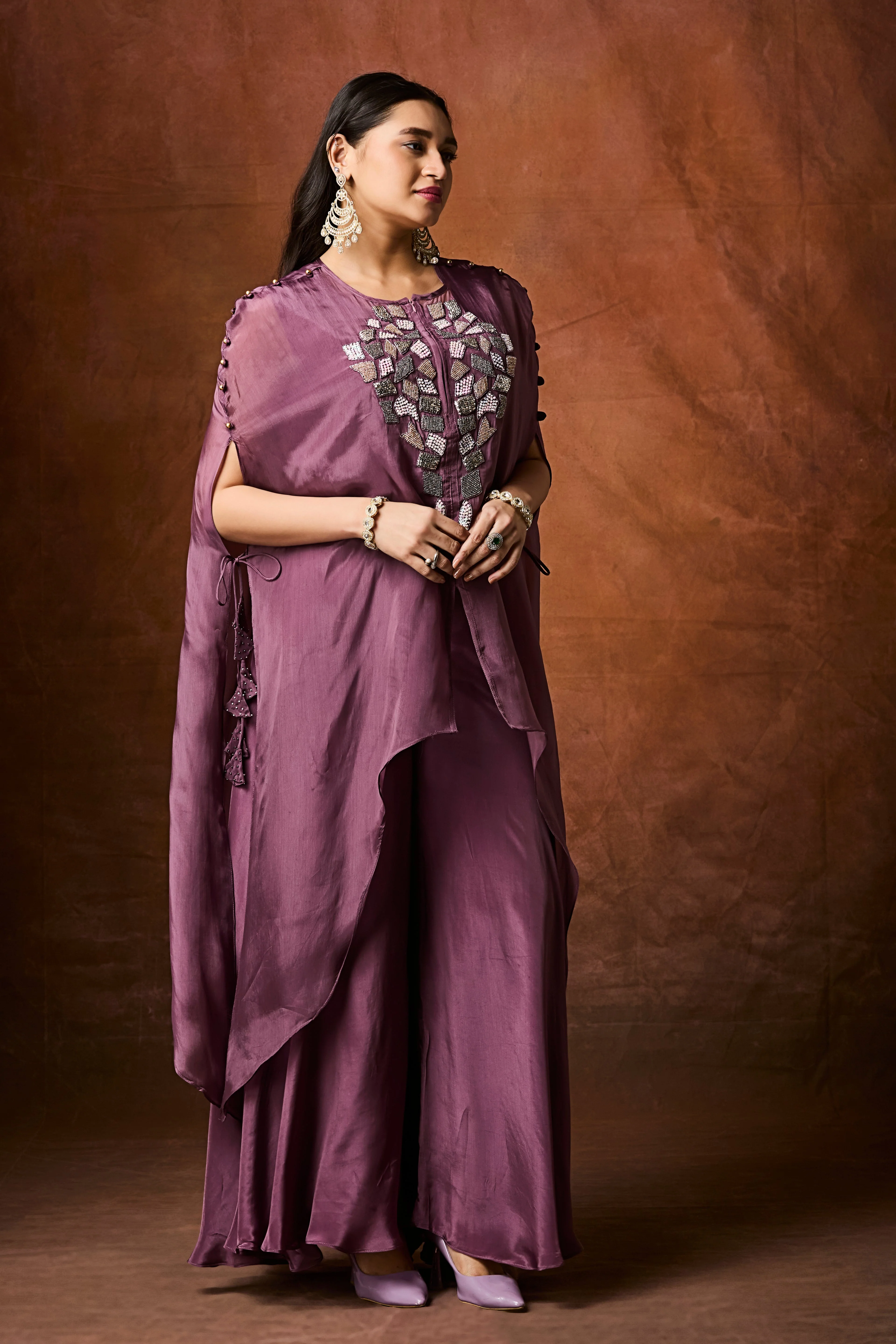 Dusty Mauve Embellished Organza Silk Kaftan Set - Image 5