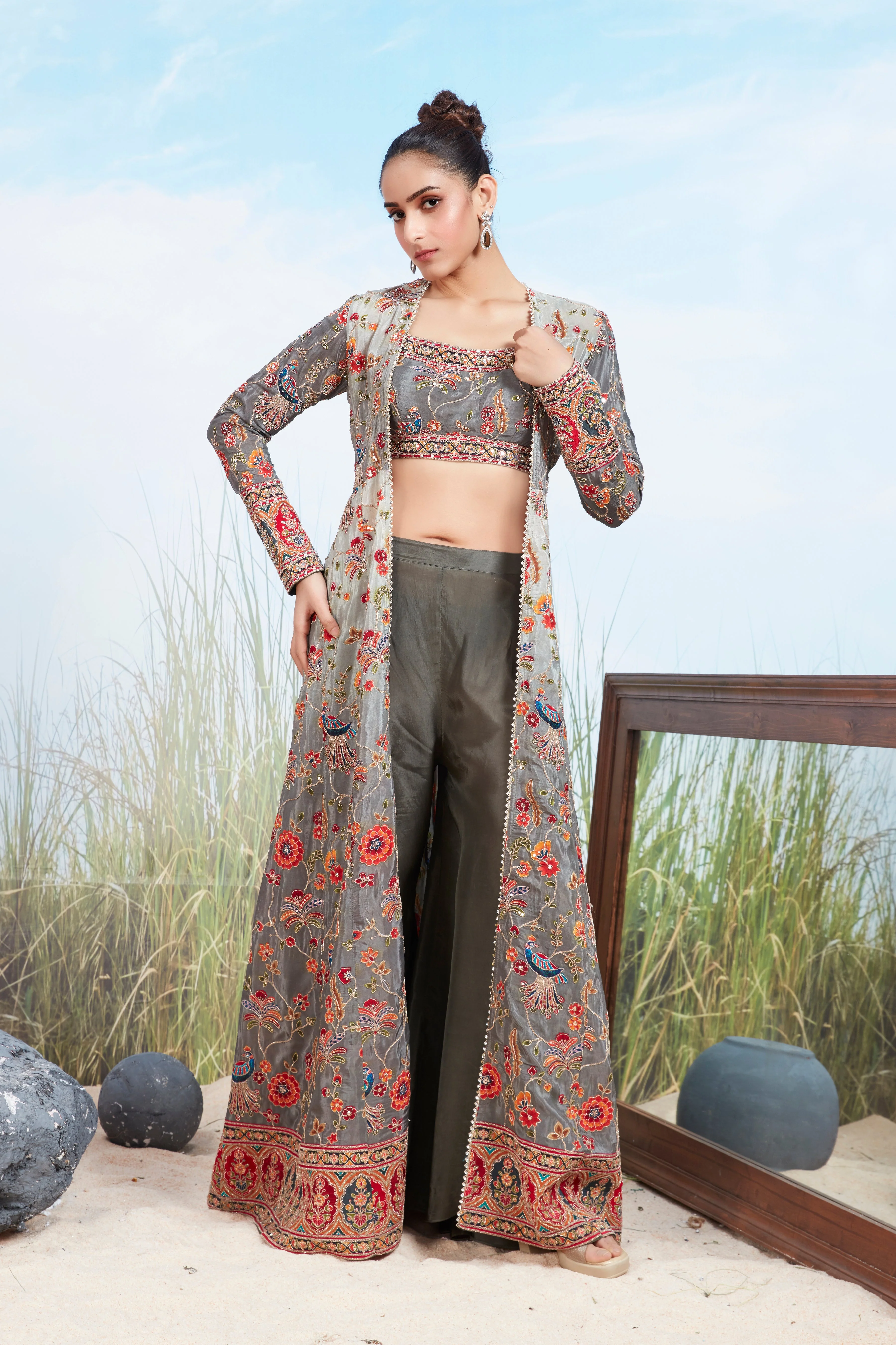 Dusty Grey Embellished Shimmer Tissue Silk Cape Set - Image 2