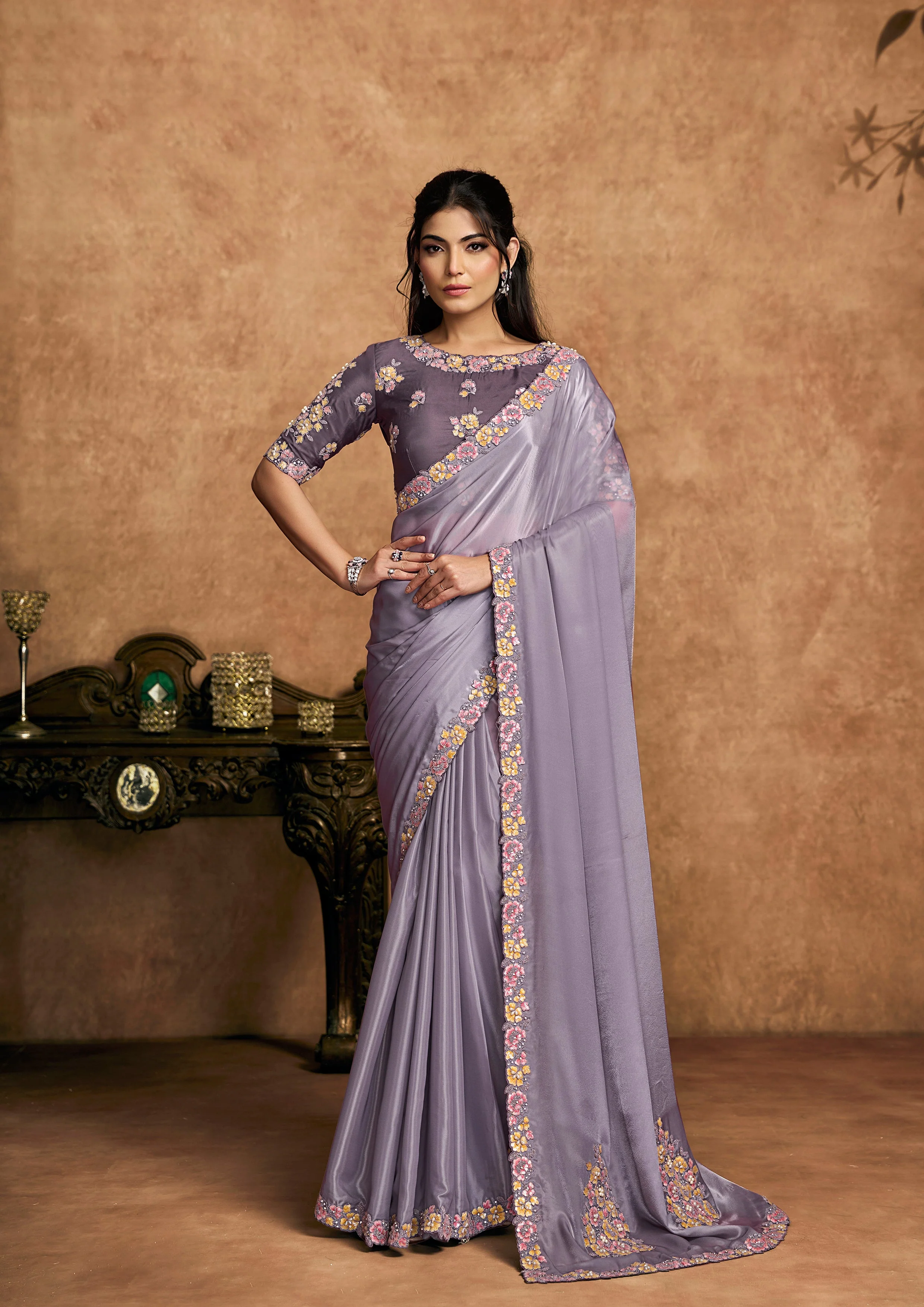 Dusty Lavender Embellished Crepe Silk Saree