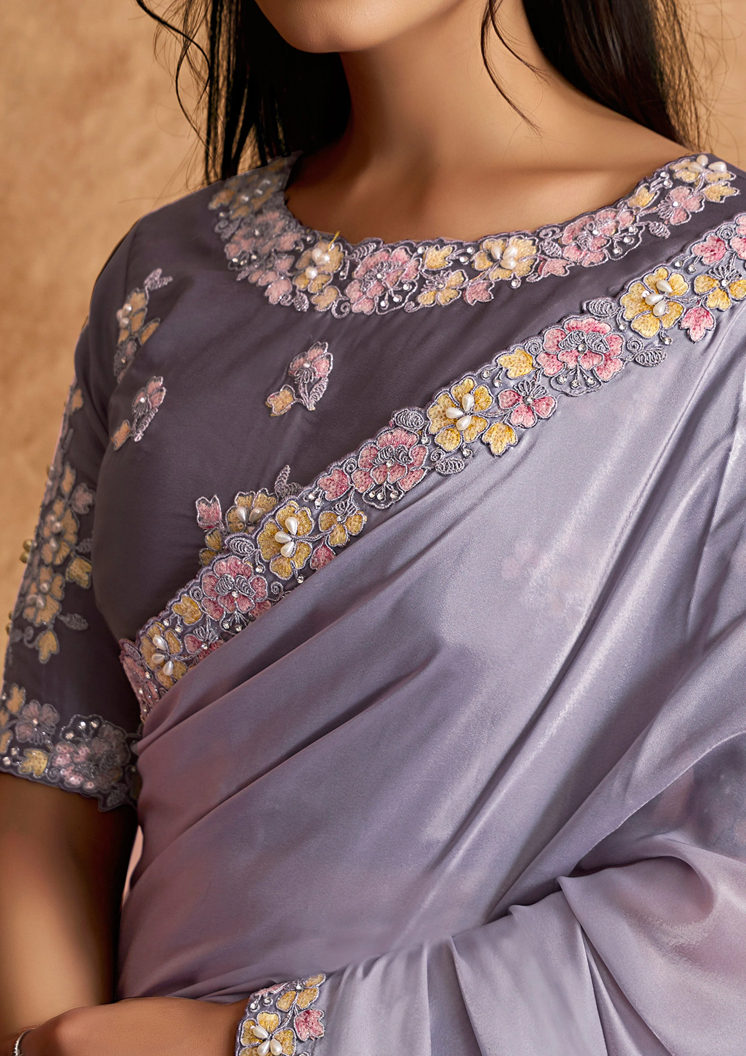 Dusty Lavender Embellished Crepe Silk Saree - Image 2