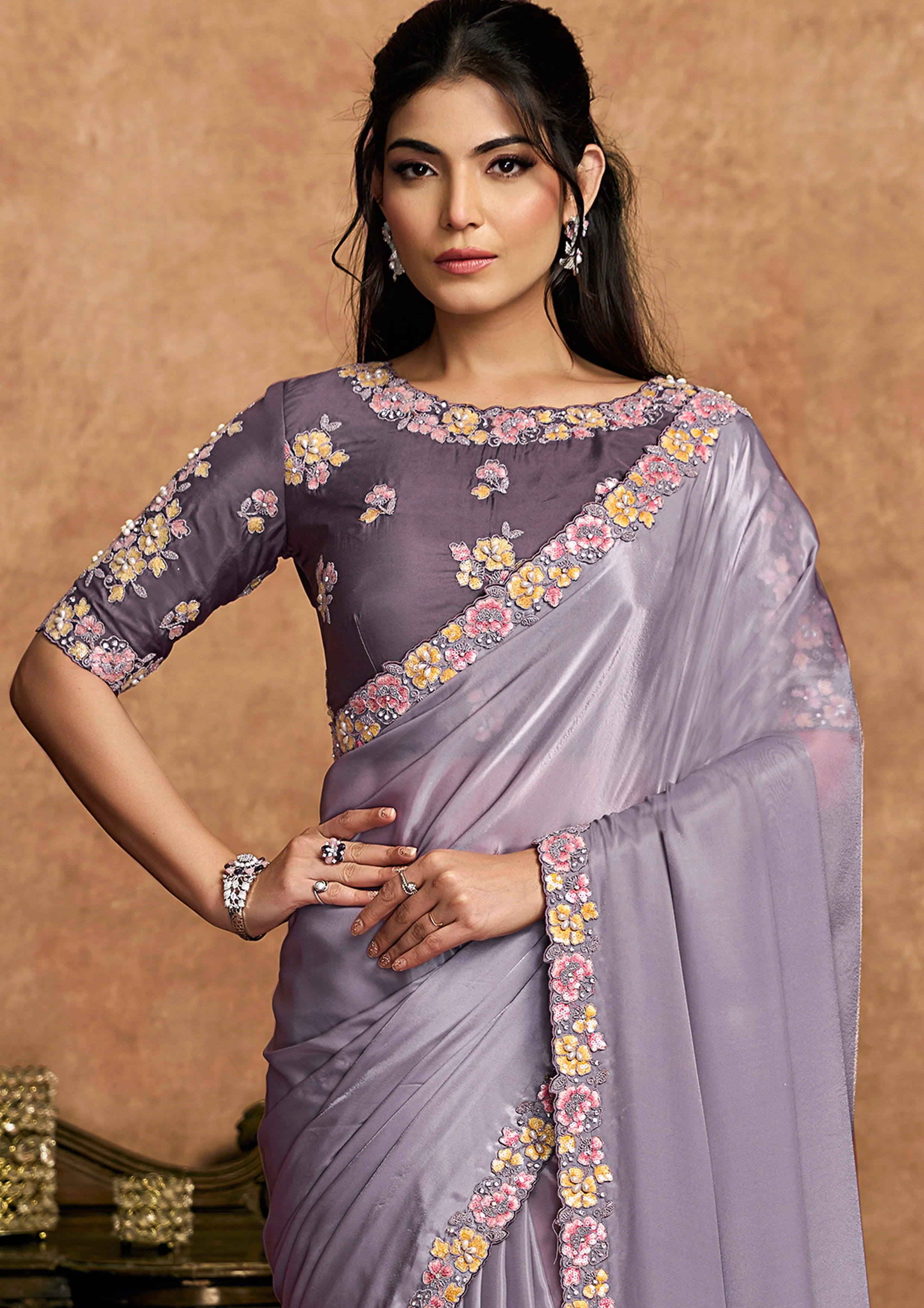 Dusty Lavender Embellished Crepe Silk Saree - Image 3