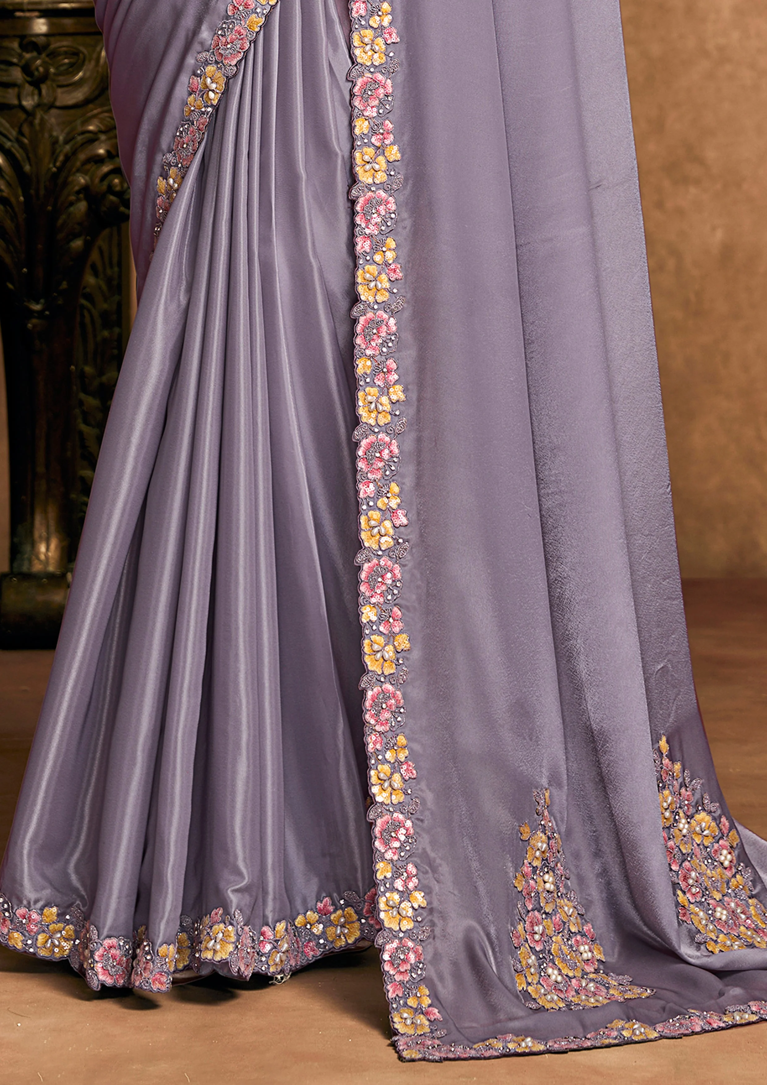Dusty Lavender Embellished Crepe Silk Saree - Image 5